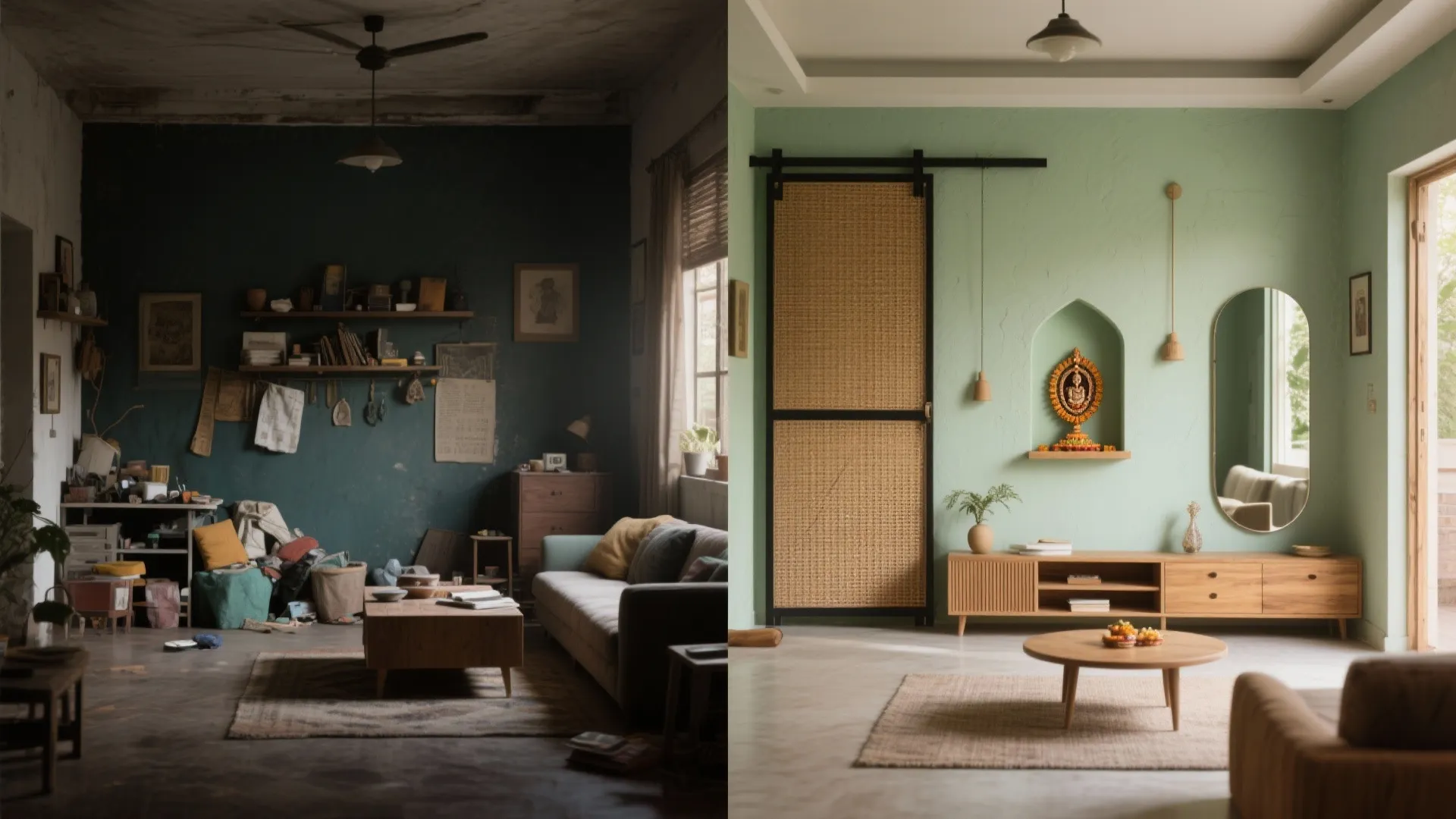 Comparison of a messy dark room versus a clean bright living room with green walls