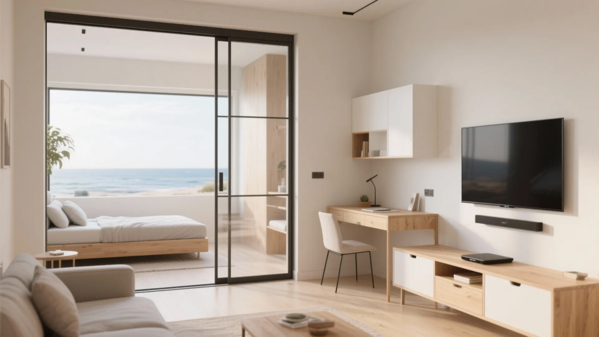 Sliding partitions and transformable furniture in the living room