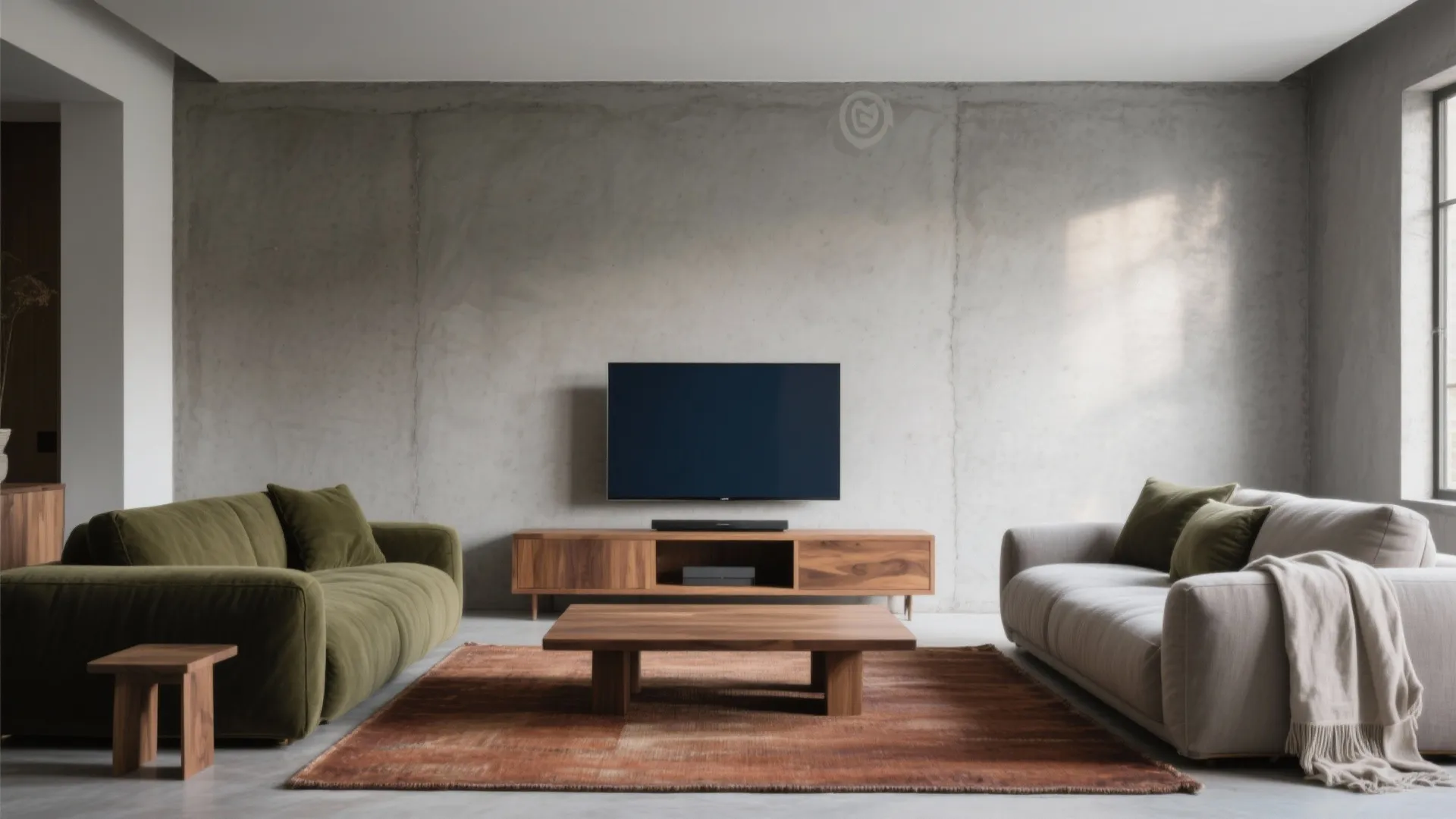 Minimalist living room with concrete wall wall mounted television wooden cabinet green sofa and rug
