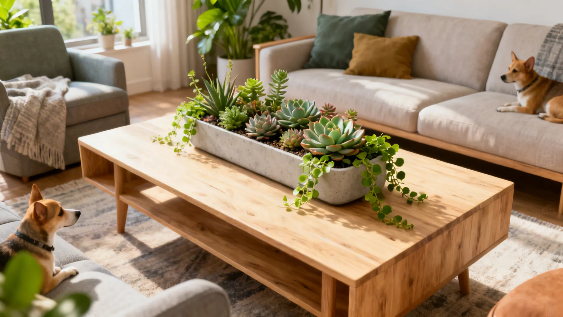 Coffee table with a low elongated planter of succulents in a small living room