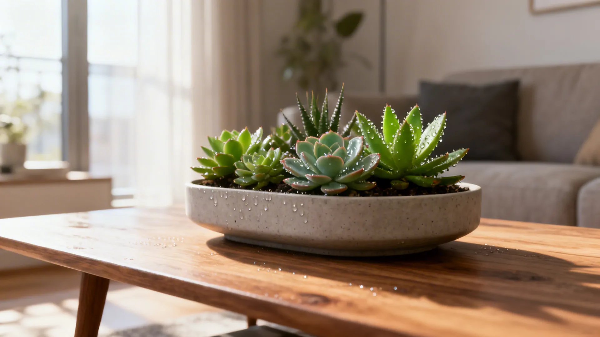 Green succulent plants in a stone pot sitting on a wooden coffee table with natural light