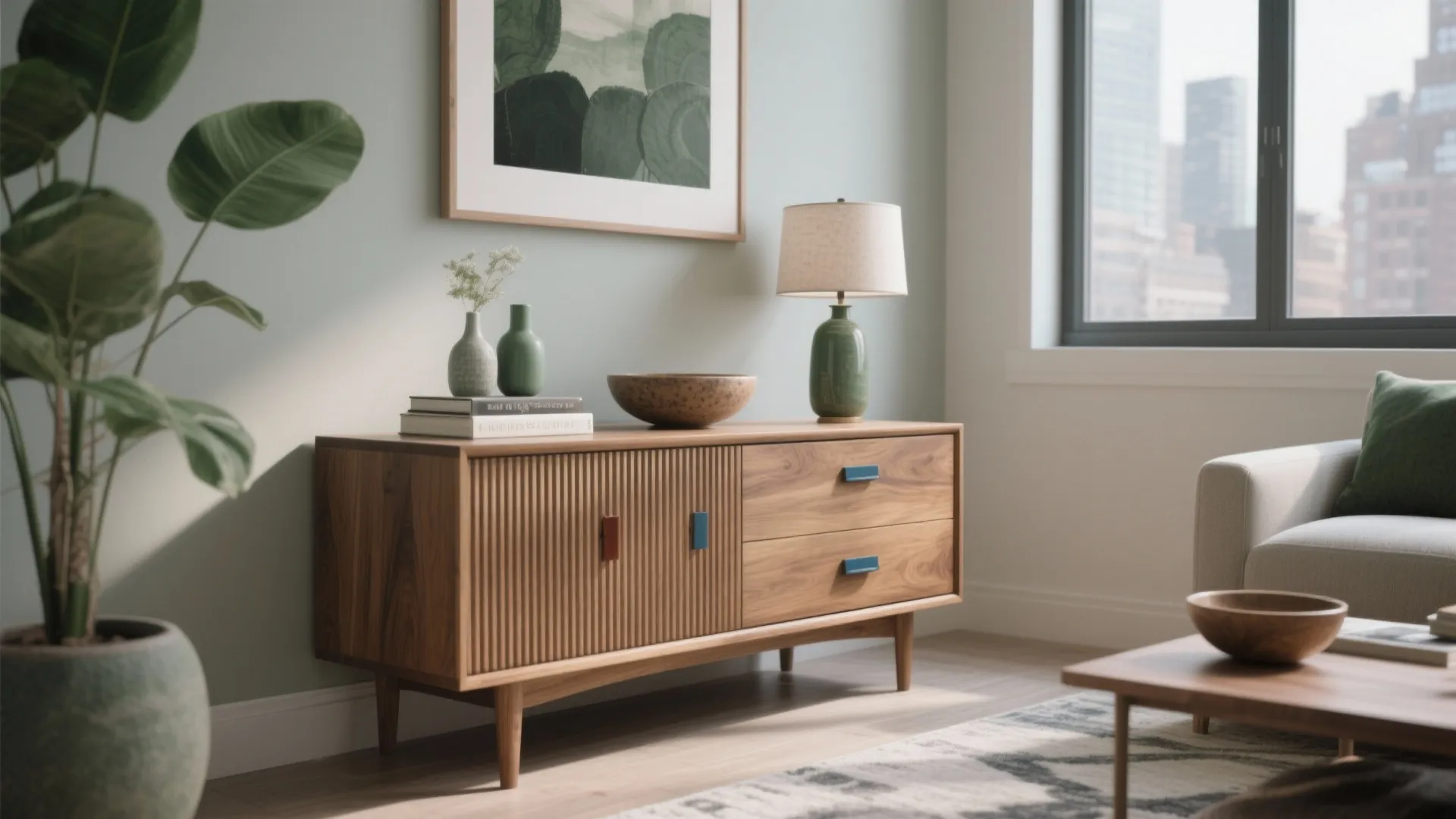 Wooden cabinet with colorful handles, table lamp, green wall, framed art, and a potted plant