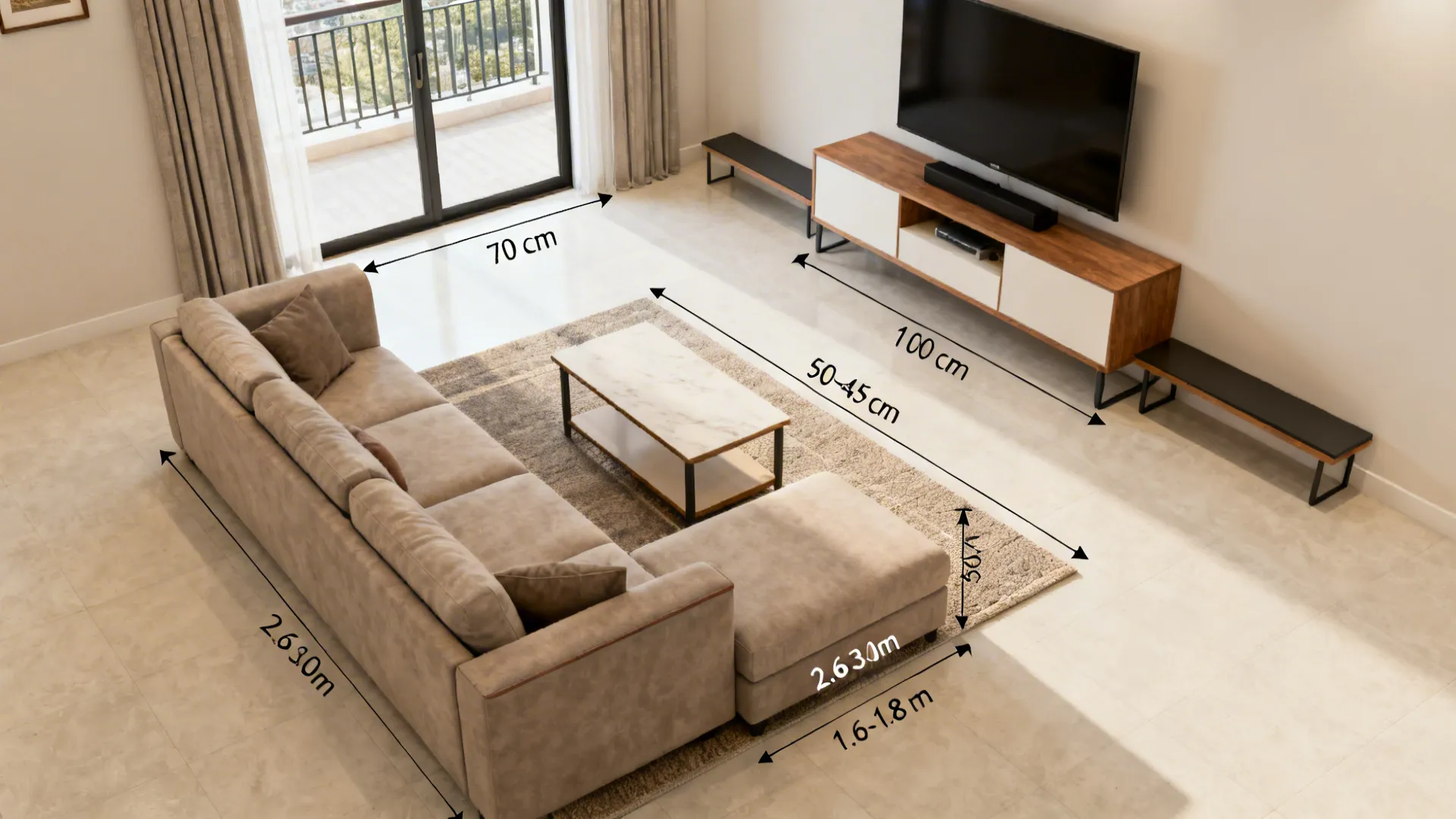 Top-down living room layout illustrating clear walkways and sofa-to-table spacing.