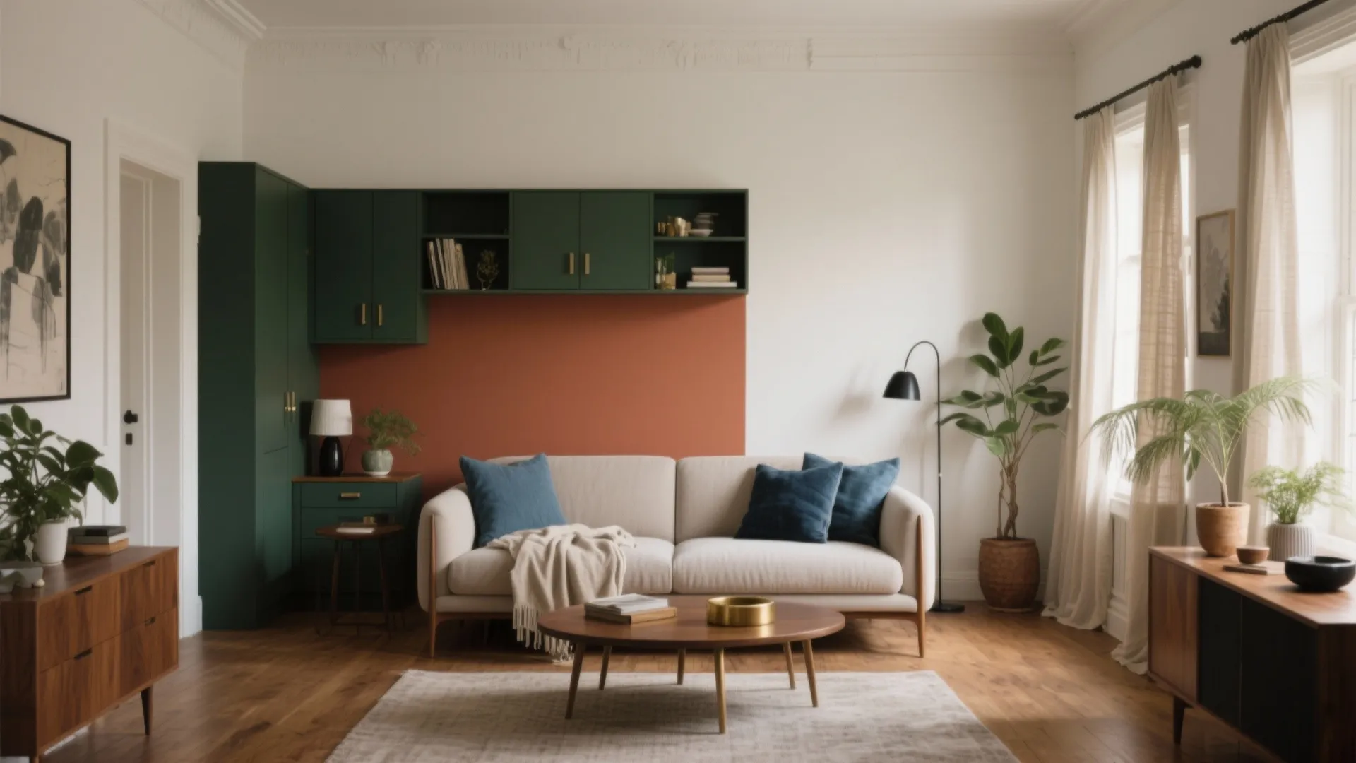 Living room with green cabinet orange wall panel white sofa coffee table and indoor plants
