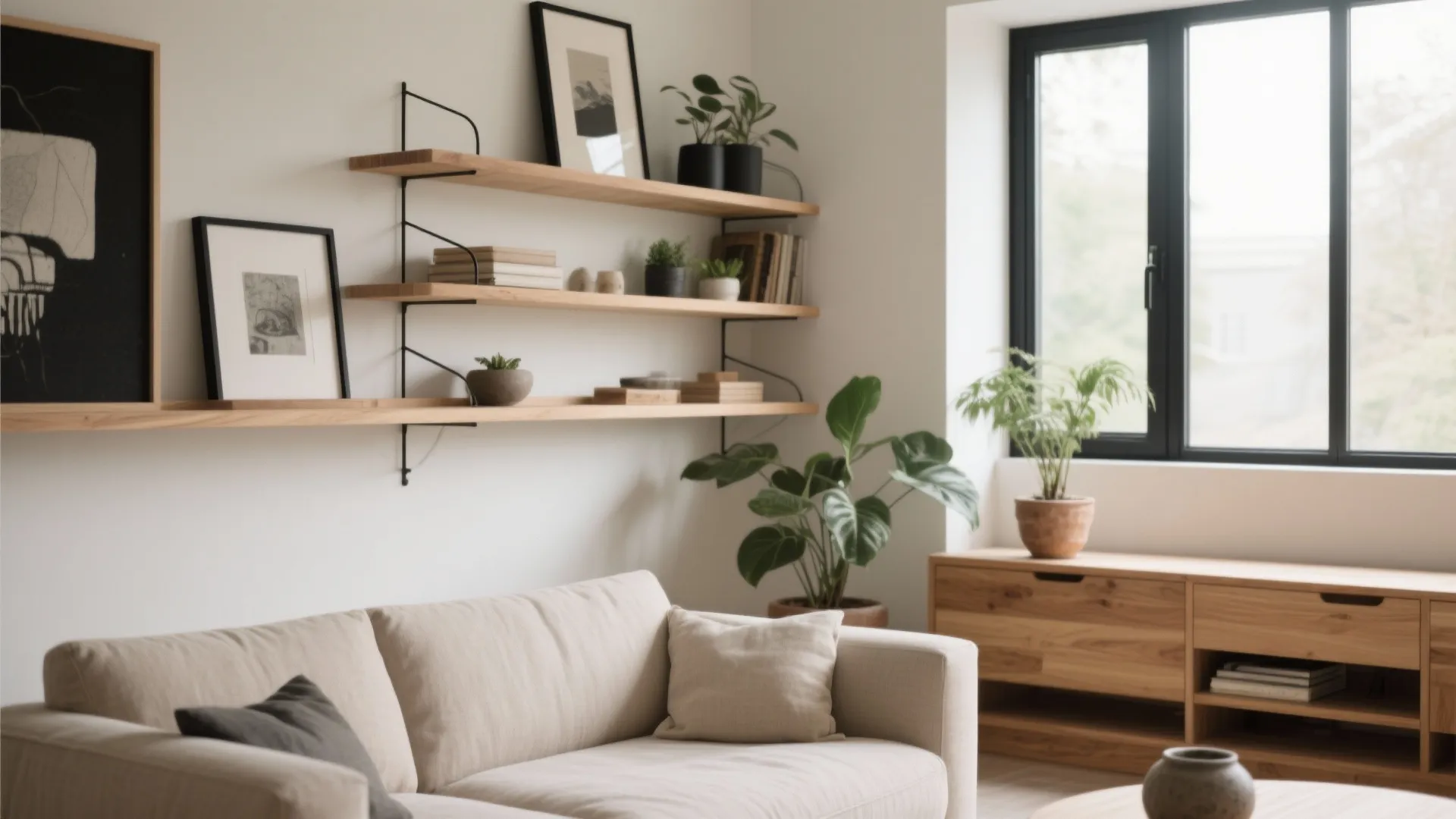 Bright living room area with floating wooden shelves on white walls near a large window