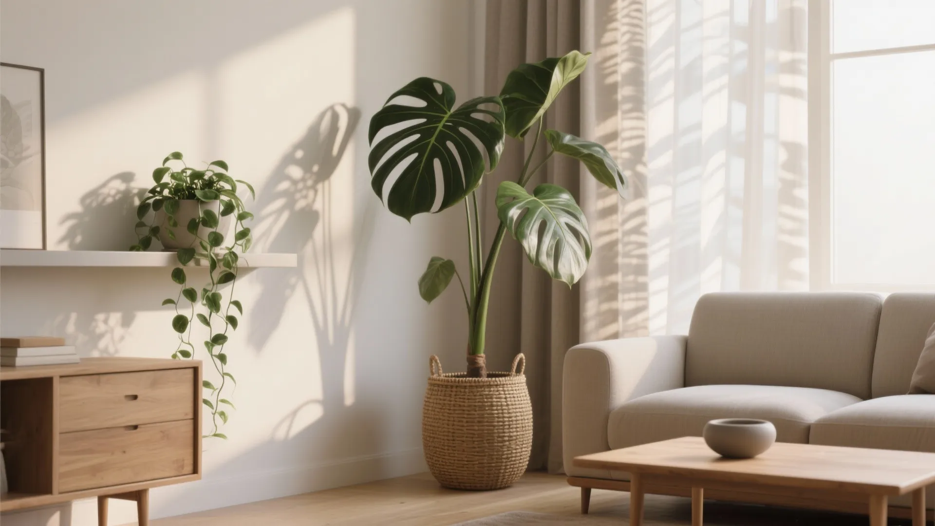Minimalist living room corner with green plants, woven basket, wooden cabinet, sofa, and natural light