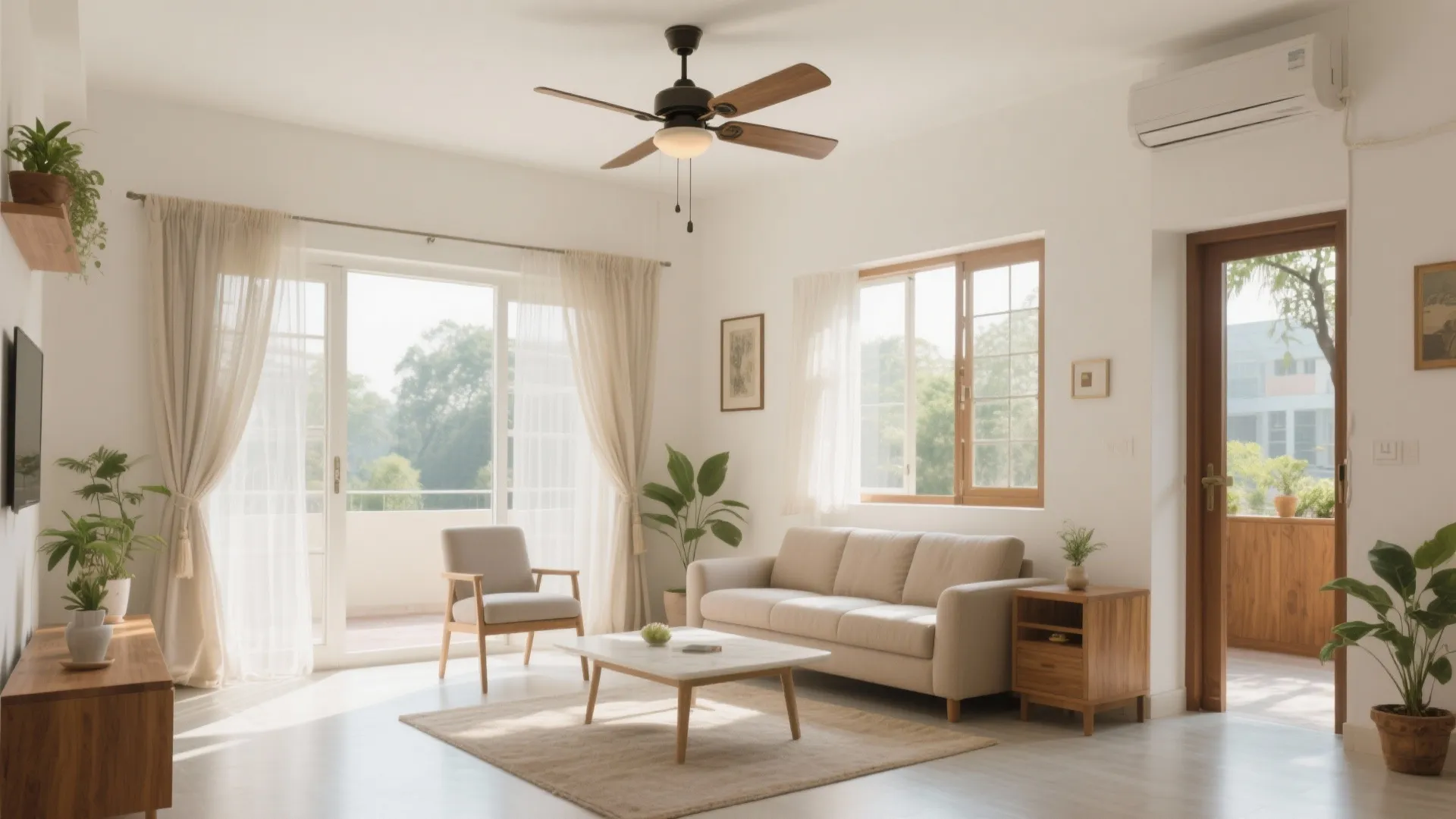Bright living room with white sofa, ceiling fan, wooden furniture, green plants, and open balcony