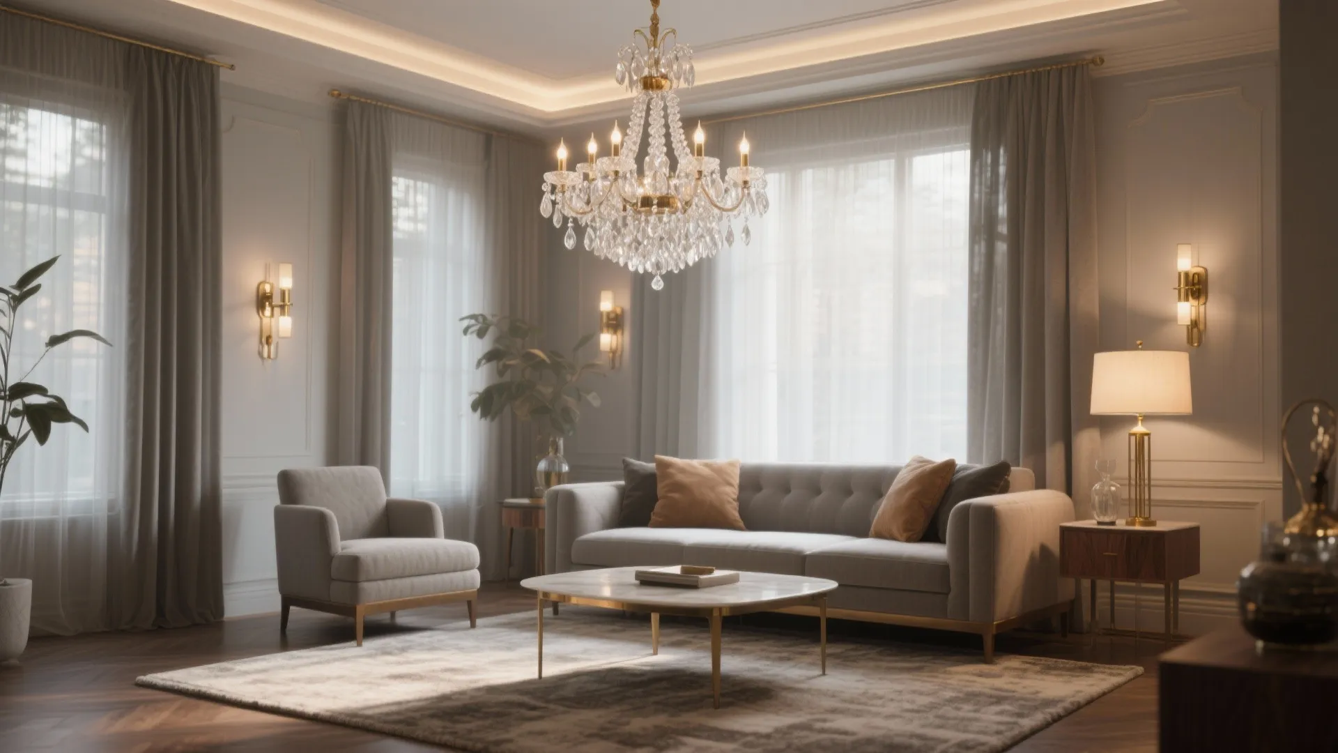 Elegant living room with grey sofa marble coffee table crystal ceiling light and wall panels