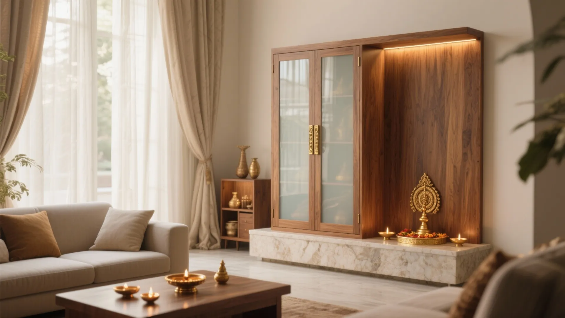 Modern living room featuring wooden wall cabinet, marble base, grey sofa, and large sunlit window