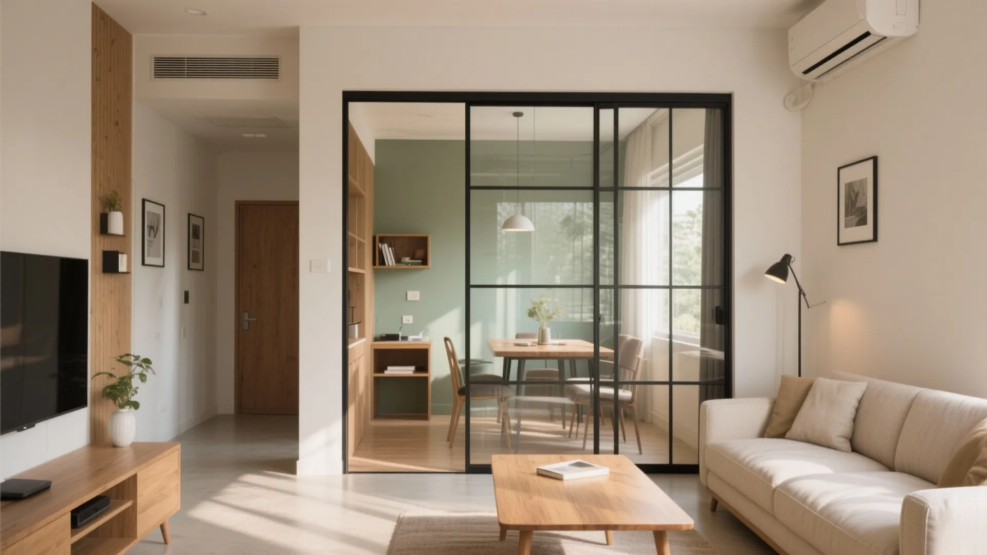 Open living-dining with a sliding partition