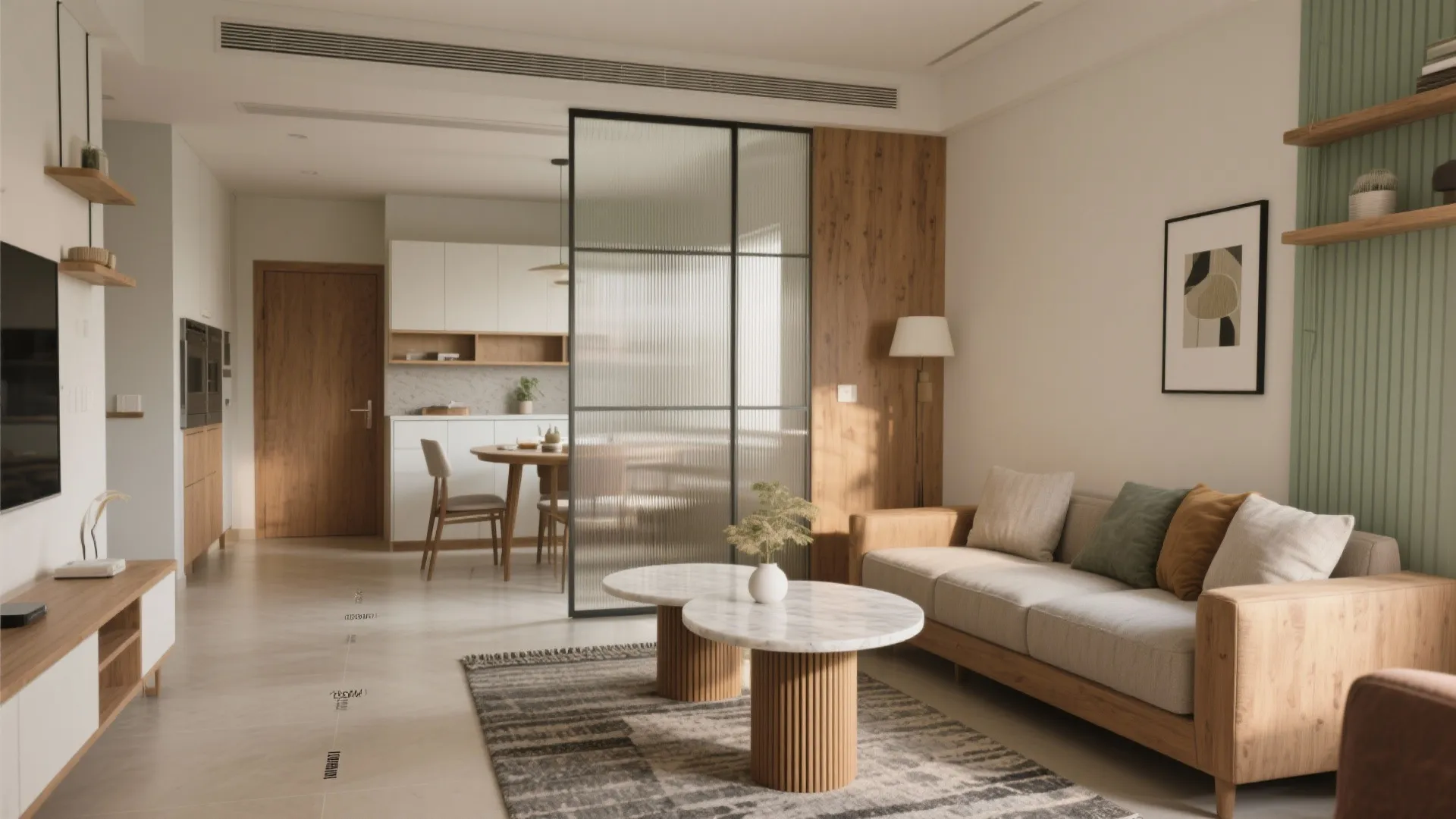 L-shaped living–dining with a flexible partition