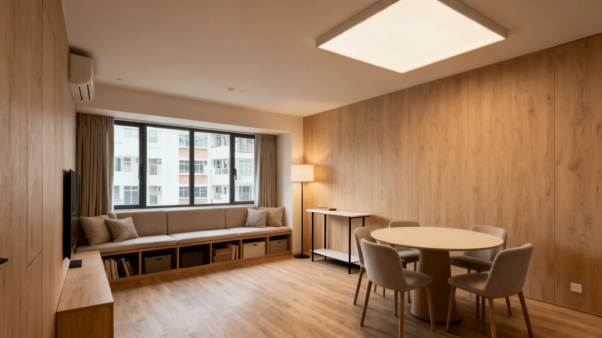 Flexible living-dining with a storage bench under the window, round table, and a slim console in light wood tones.