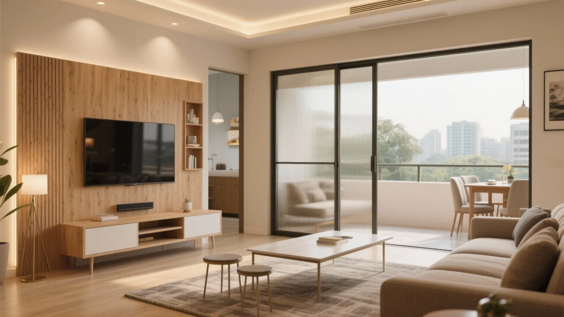 2) Living–dining fusion with pocket partitions for flexibility