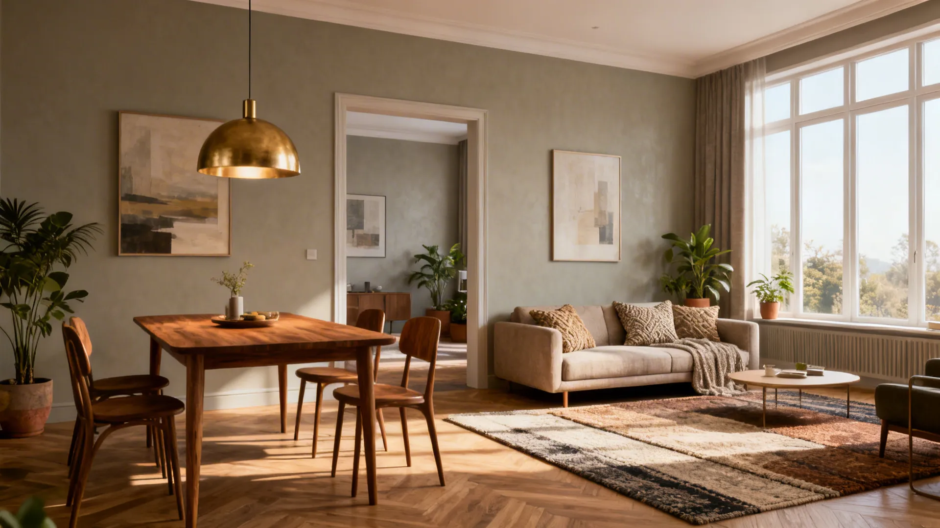 Modern dining room and living space with wooden table gold ceiling light beige sofa rug