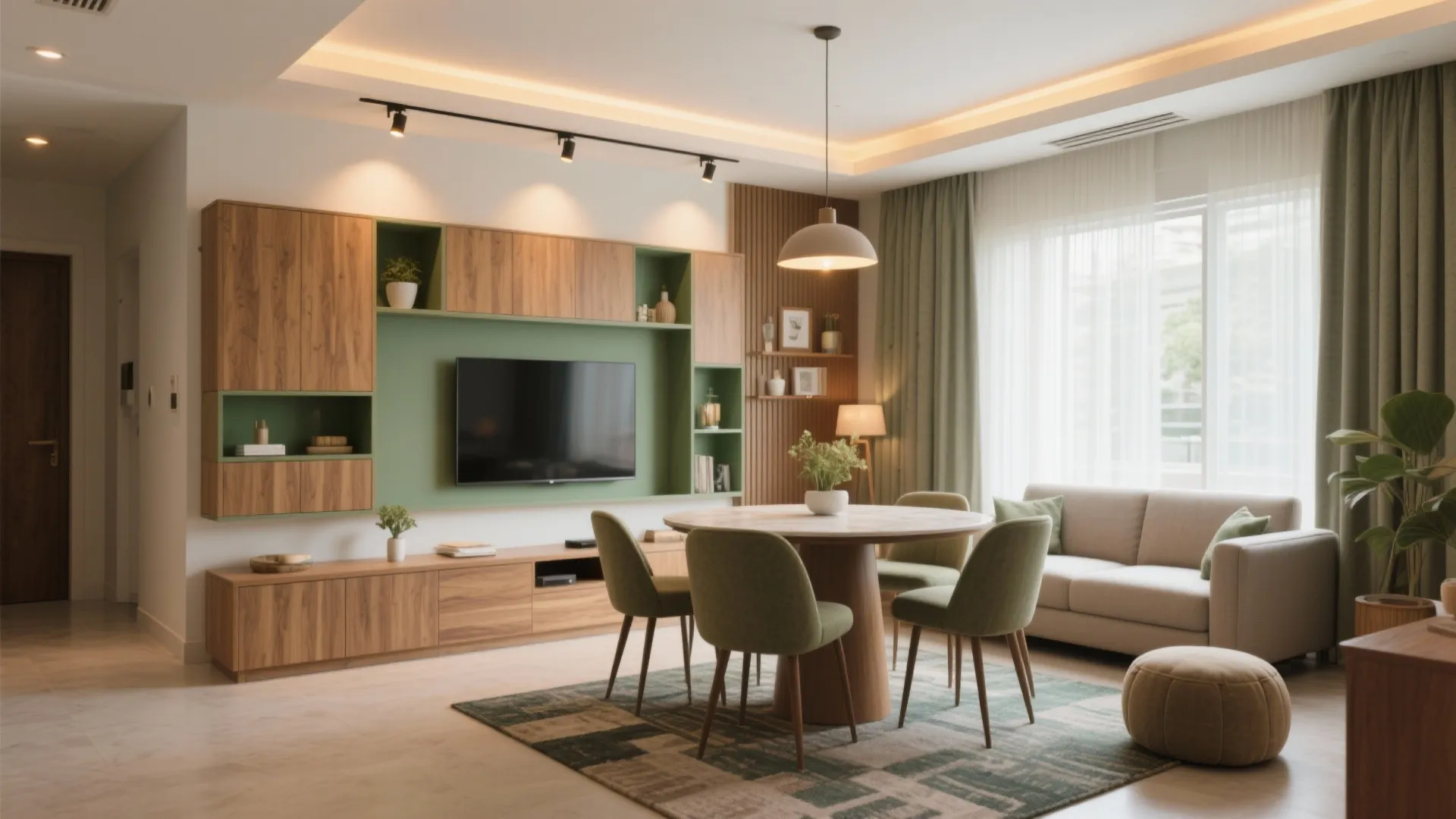 Living-Dining Harmony: Modular TV Wall, Compact Dining, and Acoustic Softening