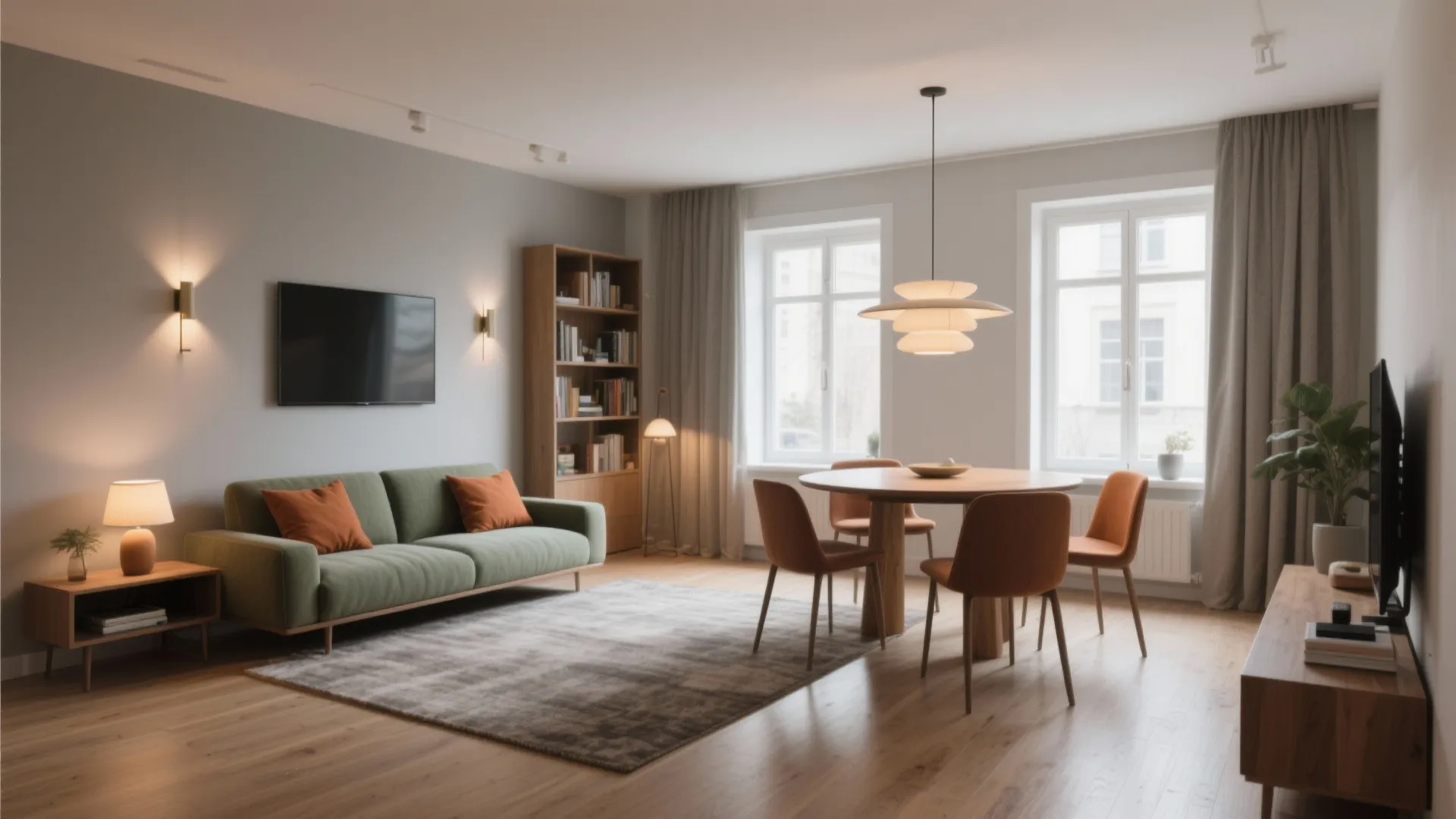 Modern open living area with green sofa orange pillows wooden dining table and ceiling light