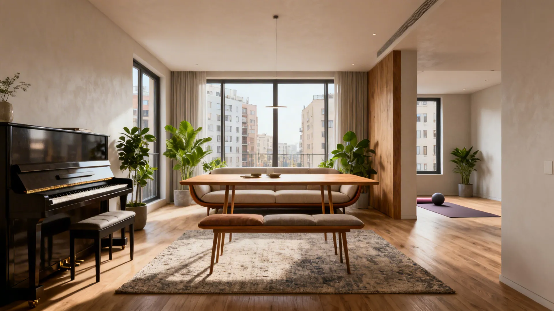 Modern open living space with black piano wooden dining table beige sofa large windows plants