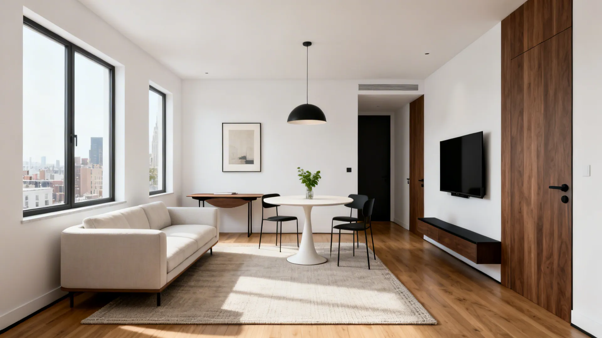 Modern living room with beige sofa round white table black chairs and large windows view