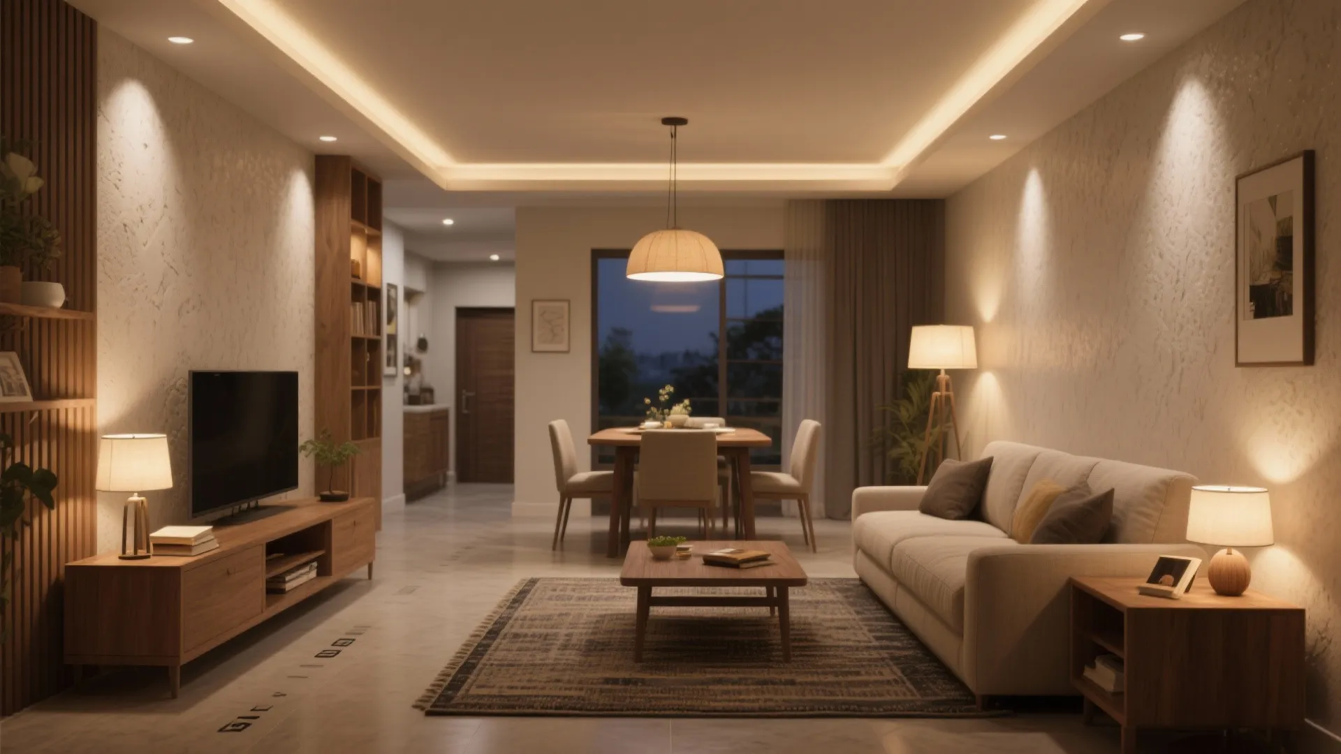 Flexible living-dining with layered lighting