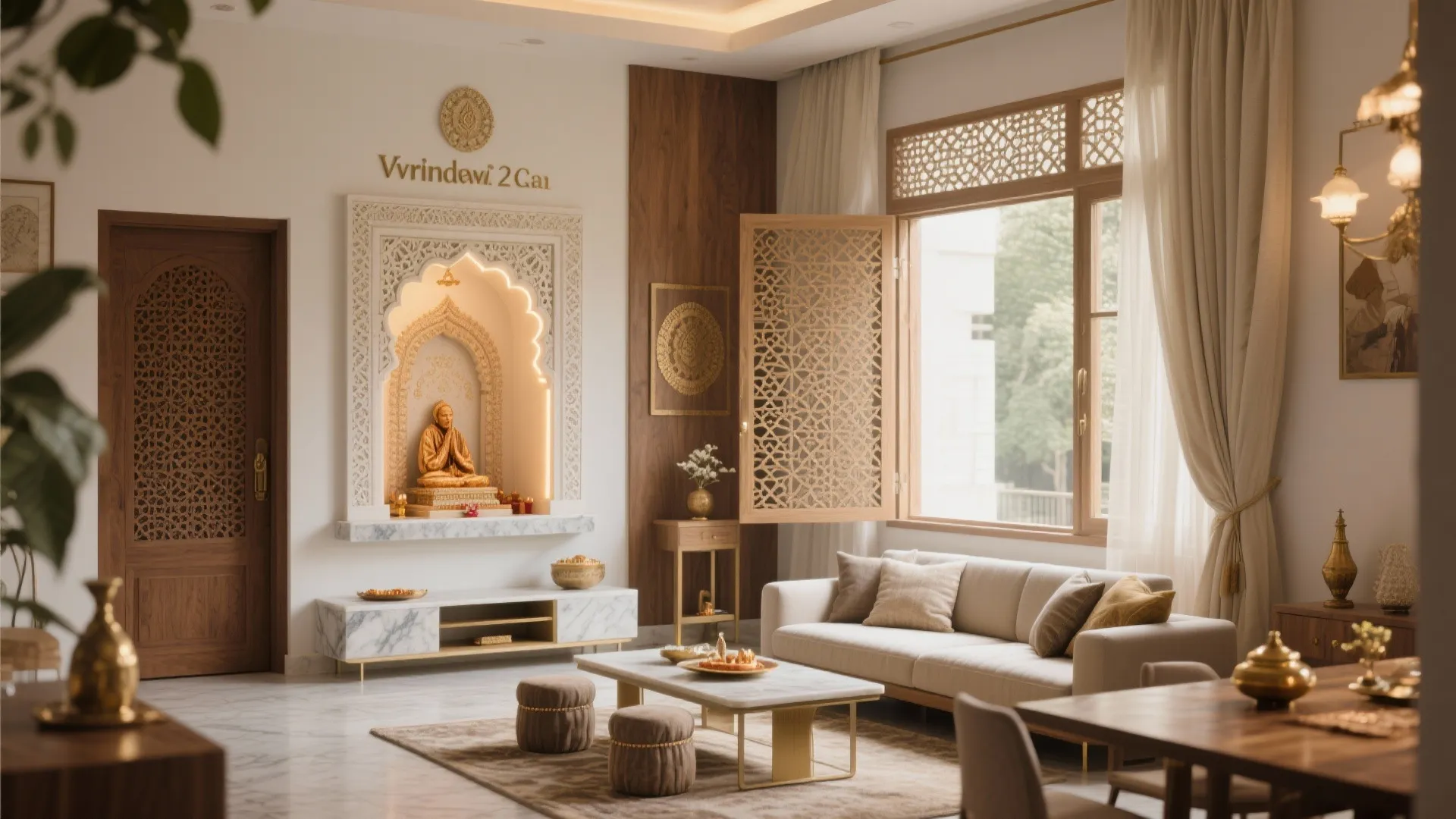 Multi-functional living–dining with a serene Mandir niche