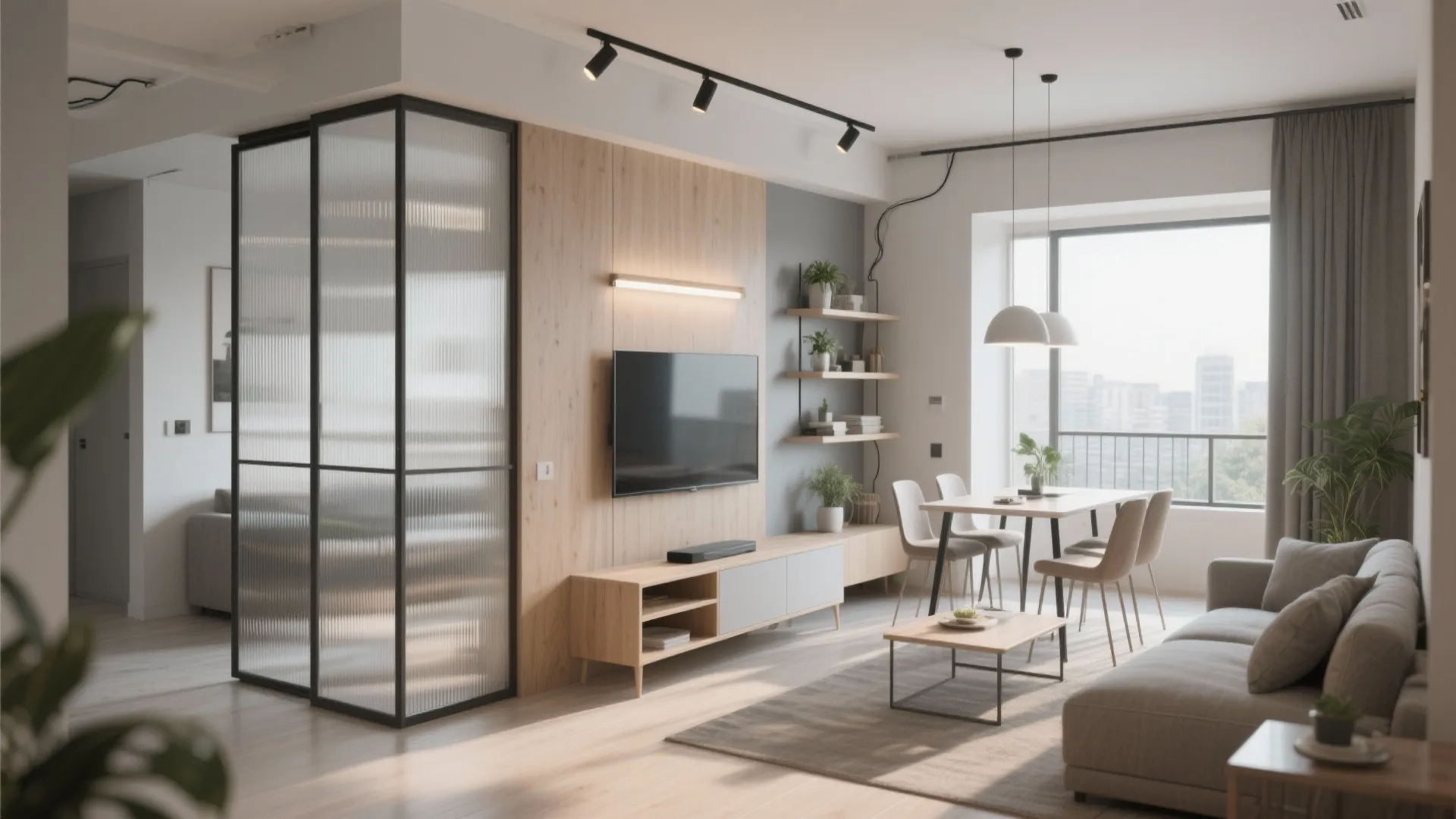 Modern open living room with wooden wall panel glass partition dining table sofa and natural light