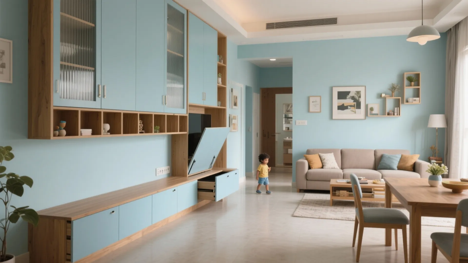 Space-savvy living-dining alignment with hidden storage