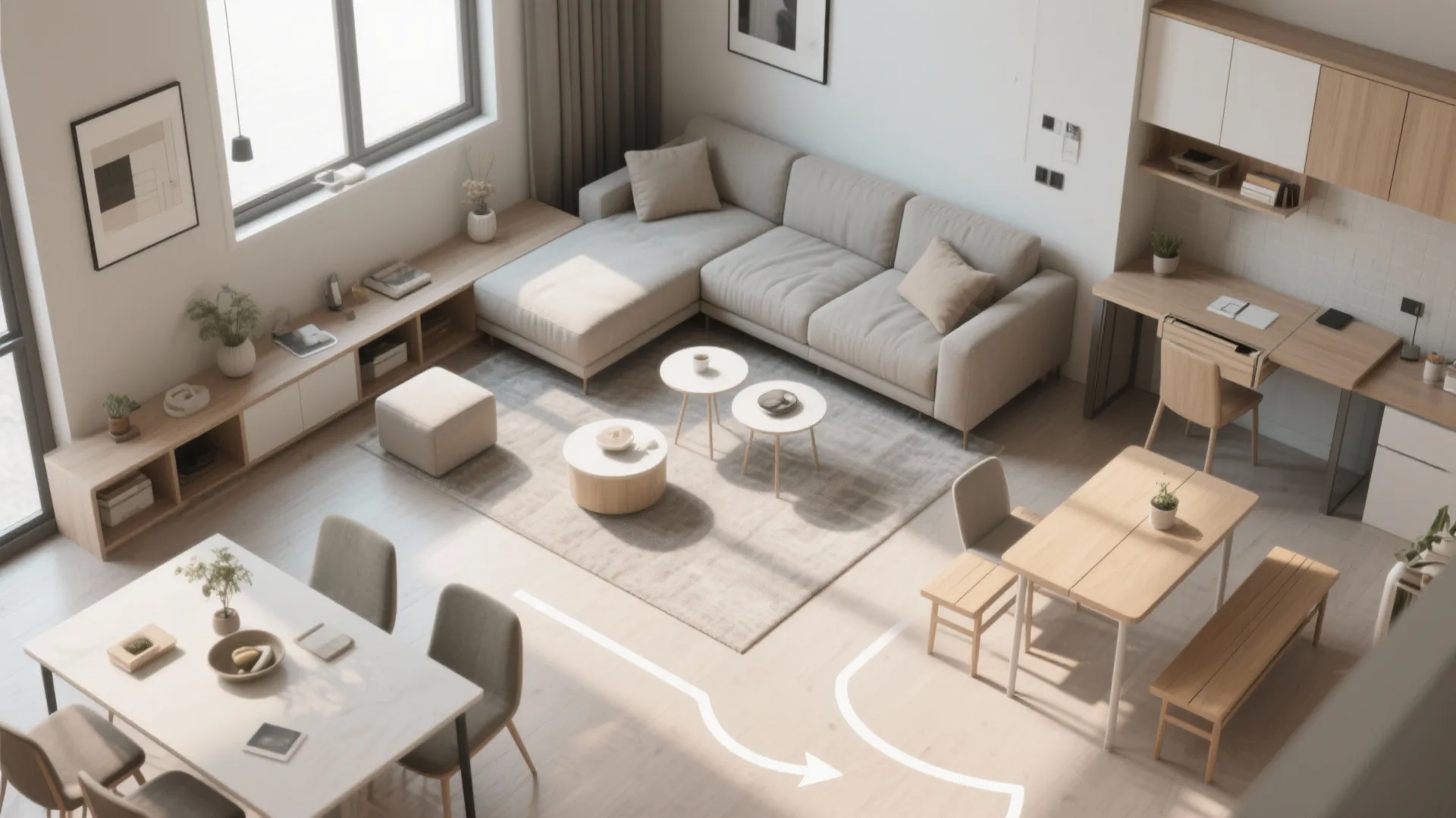 Flexible living-dining zones with movable furniture