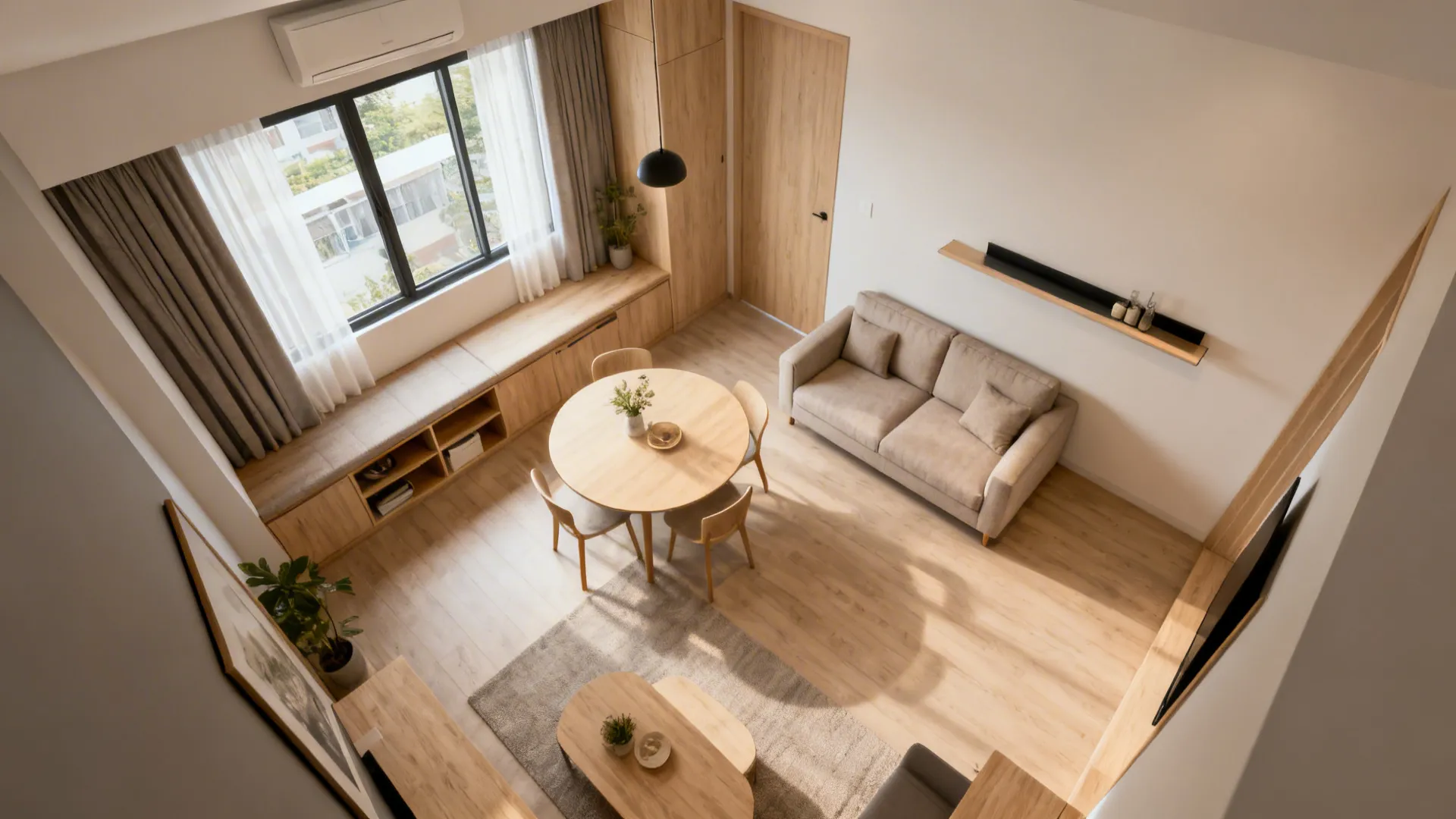 Top-down plan view showing a storage bench, round table, slim console, and clear circulation in a compact living-dining.