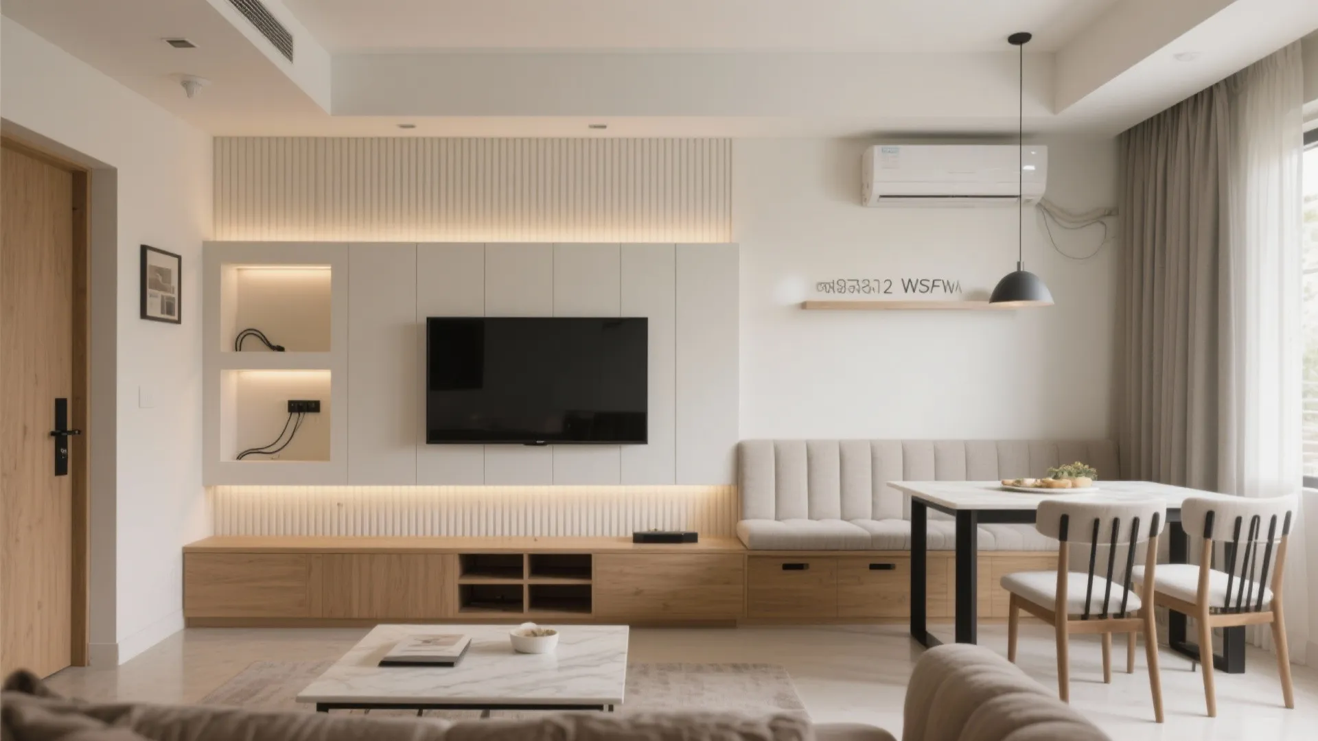 Open living-dining with smart carpentry (and a TV wall that hides everything)