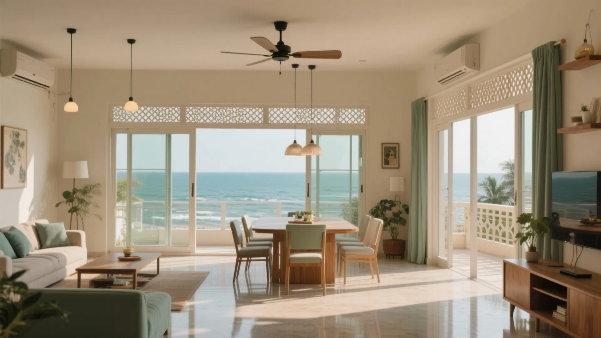 Bright open plan living room featuring sea view windows wooden dining table green chairs sofa