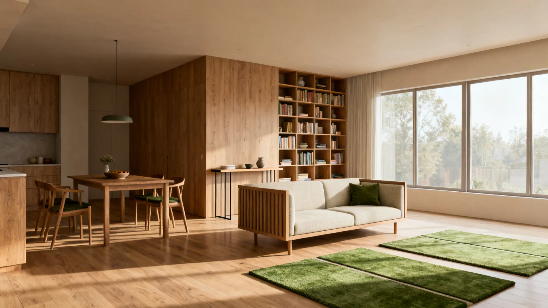 Spacious open plan living area with wooden furniture green rugs bookshelf and large bright sunny windows