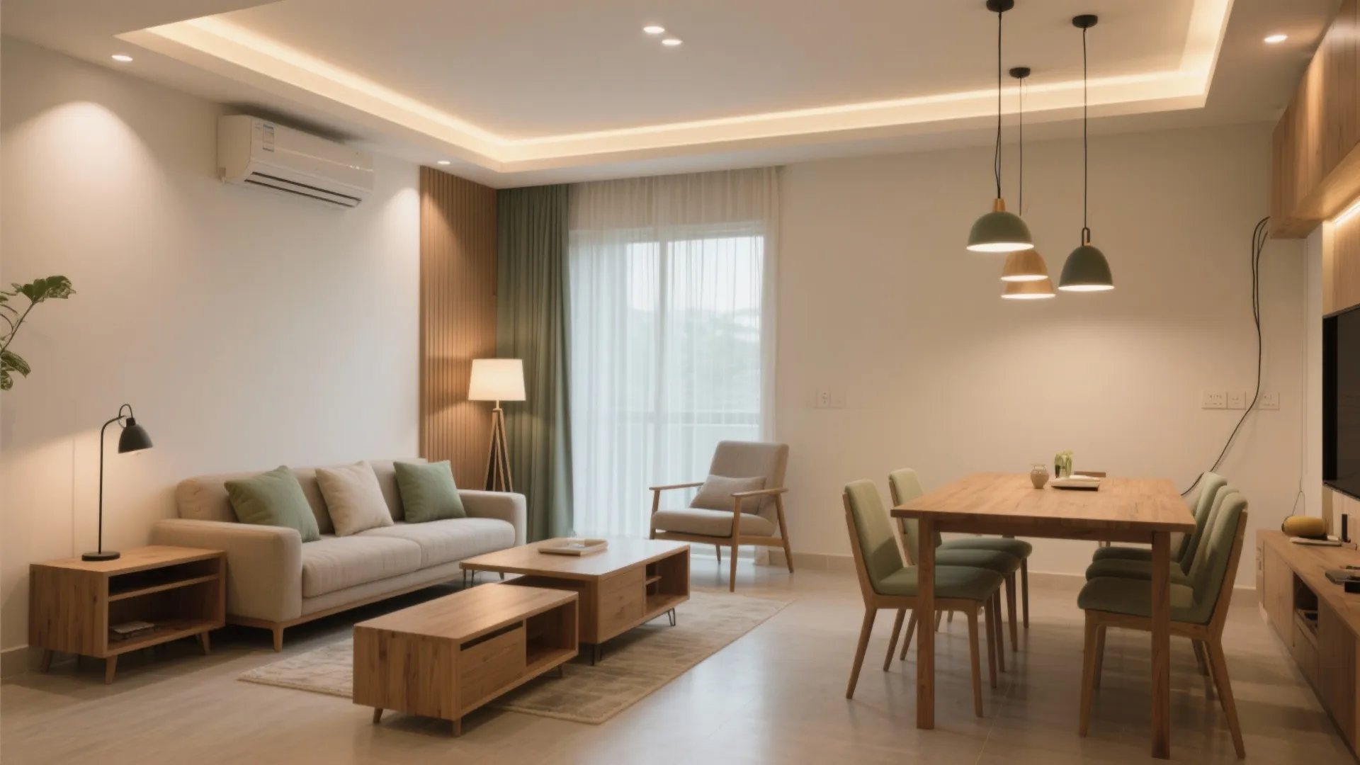 Living-dining space with cove lounge lighting, pendant-lit dining, and a slim floor lamp for reading.