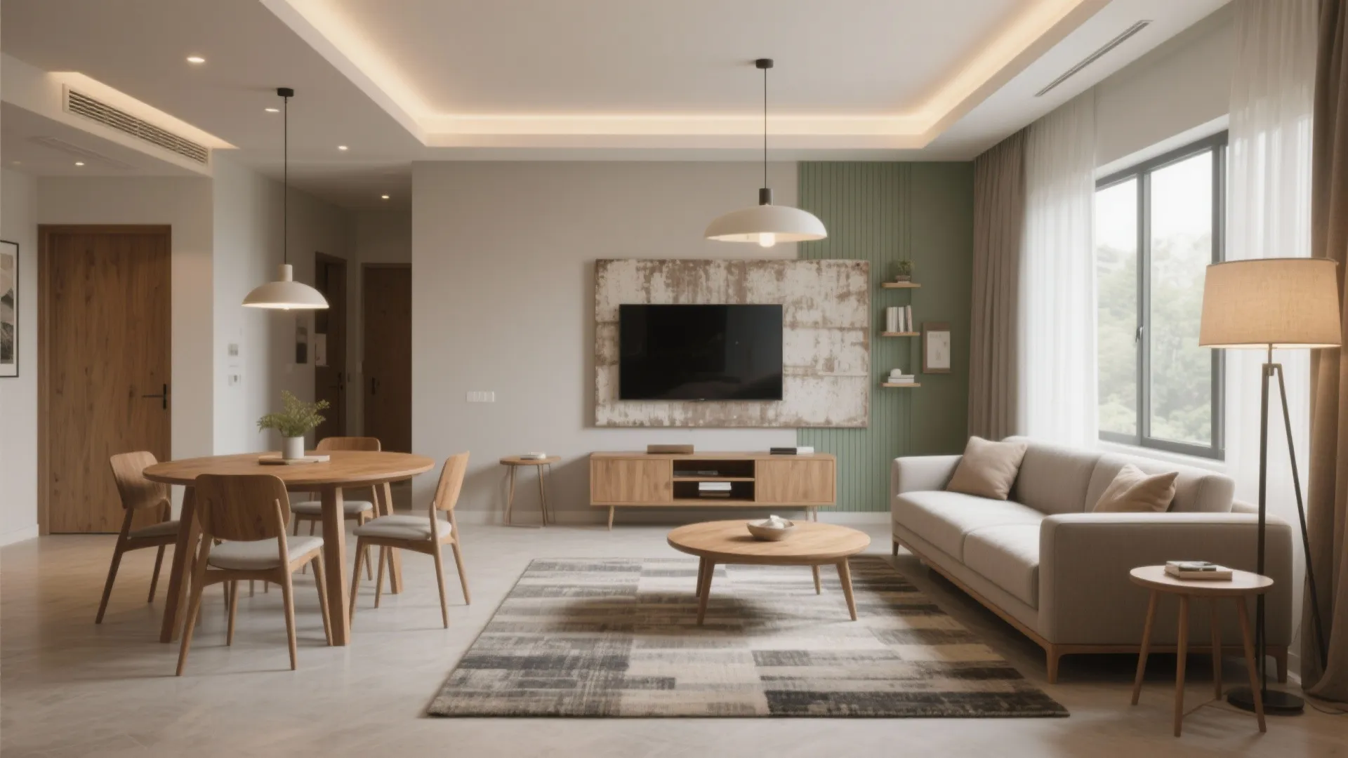 Flexible living-dining zoning with light furniture