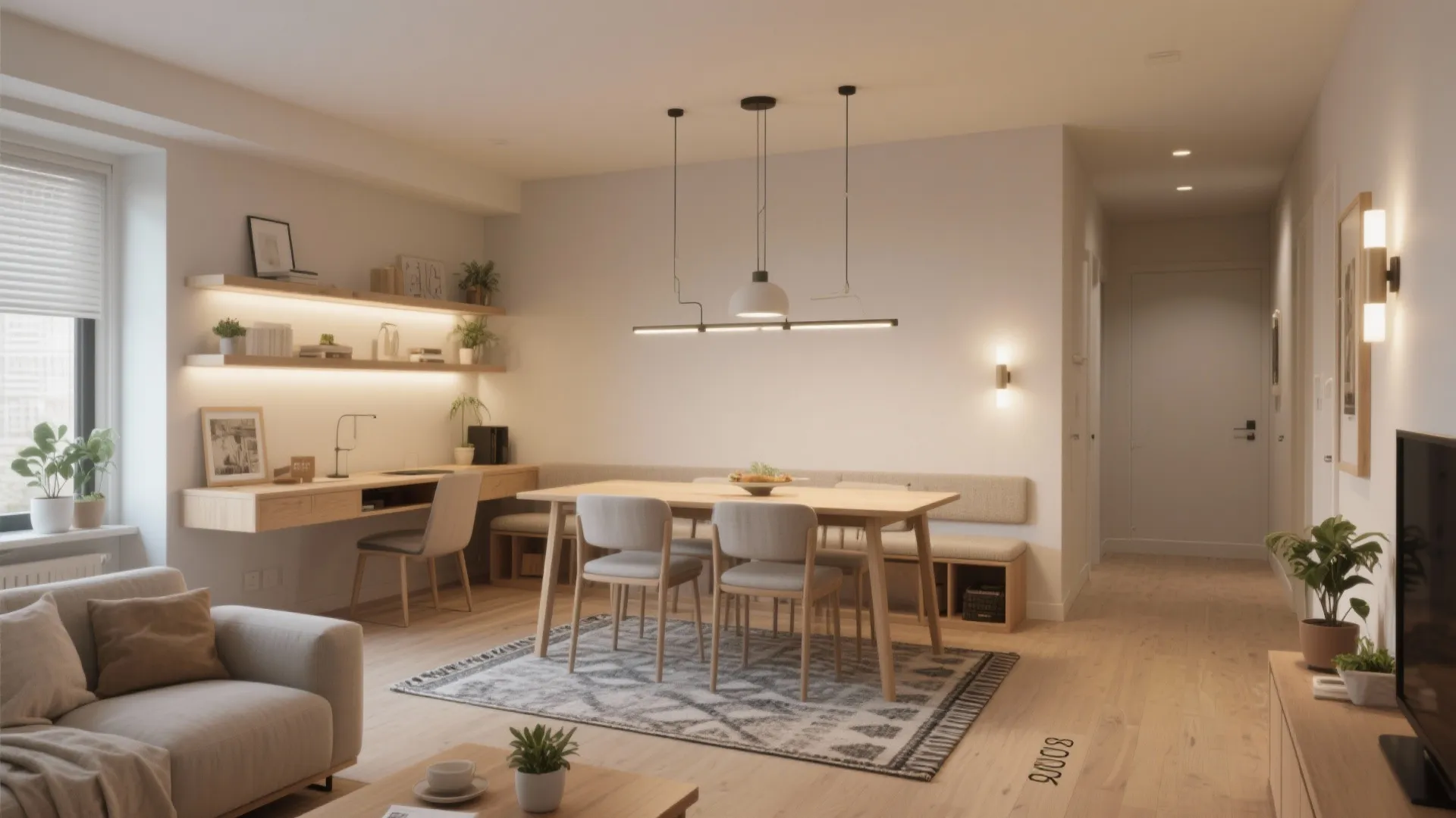 Modern open plan living and dining area with wooden table grey chairs and built in desk