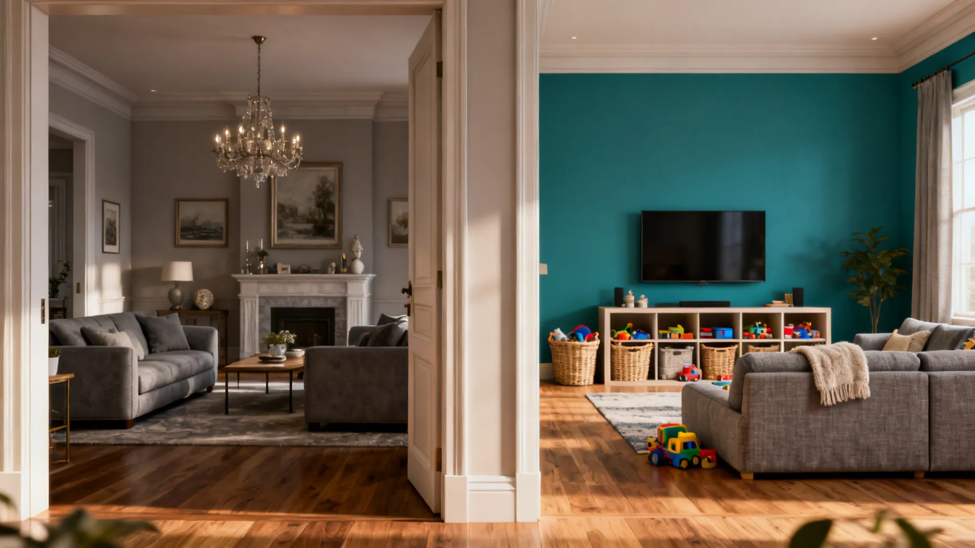 Living room with ceiling light and fireplace beside a family room with teal wall and toys