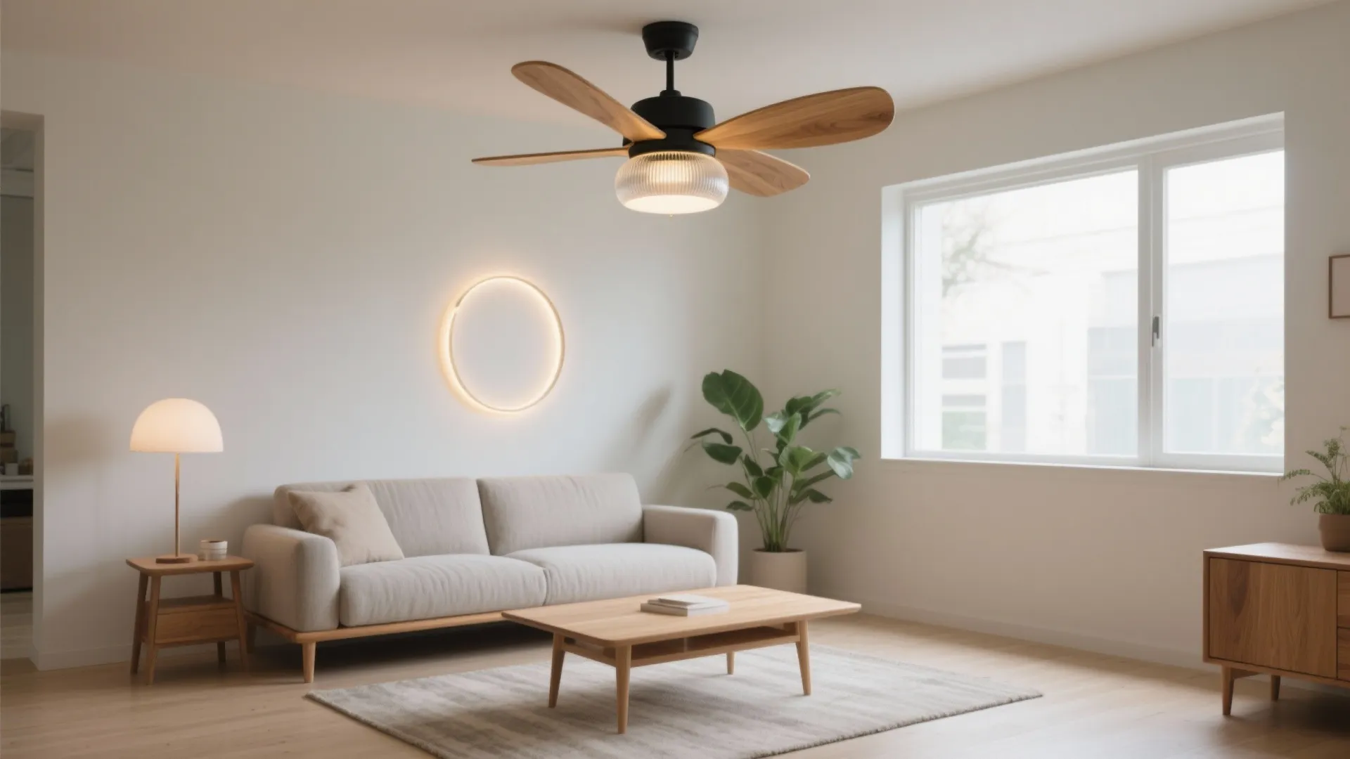 Modern living room with wood ceiling fan light, beige sofa, wooden coffee table, and plants