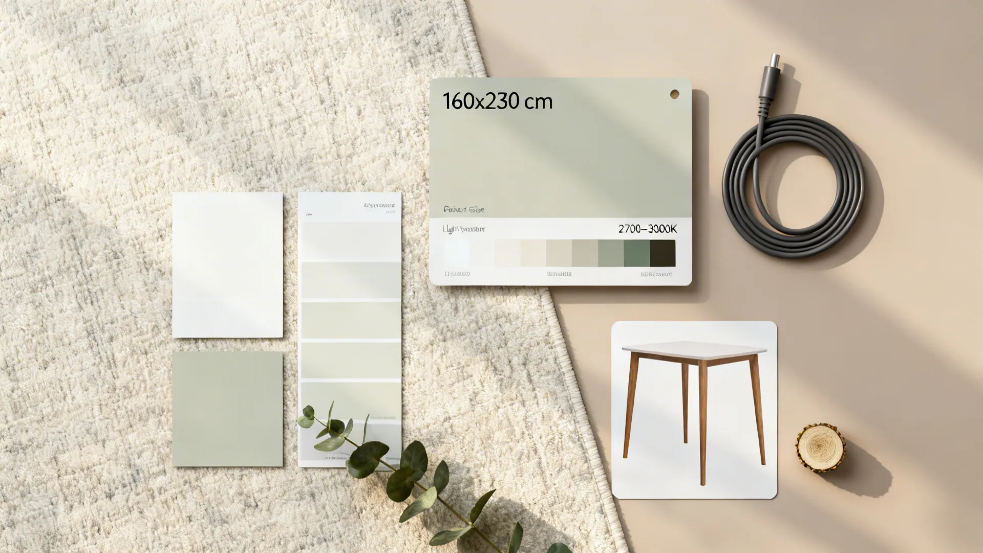 Flatlay of warm neutral paint chips, rug size card, lighting temp swatches, cord cover, and plant cutting.
