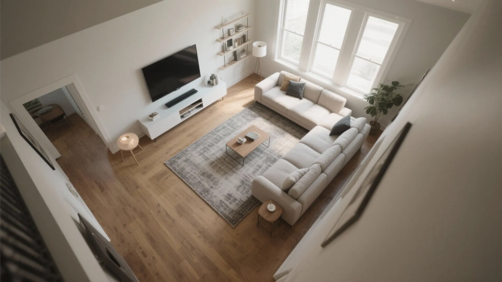 High angle view of modern living room with large white sofa grey rug and television