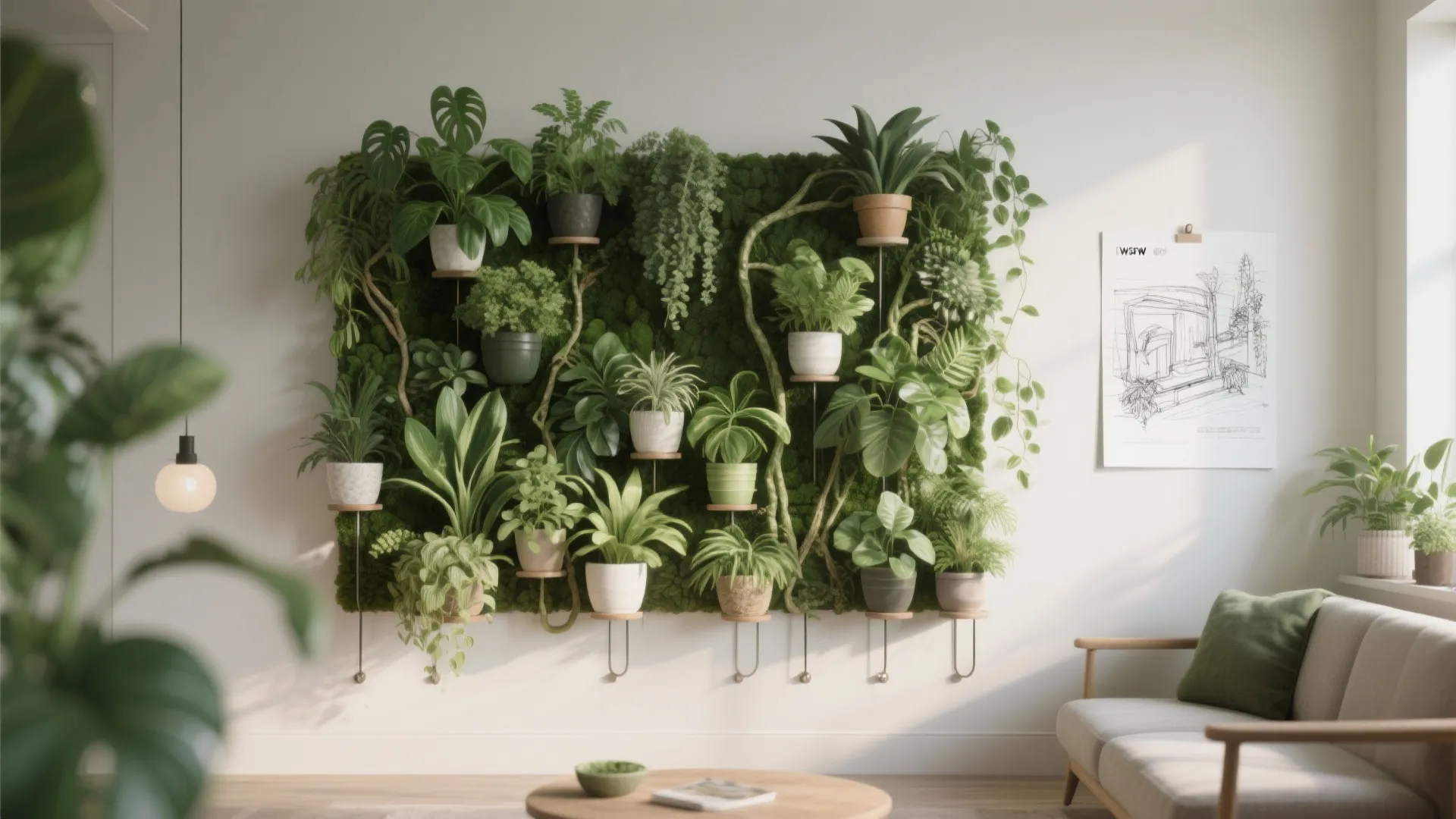 Green plant wall display featuring various small potted plants hanging on a white living room wall