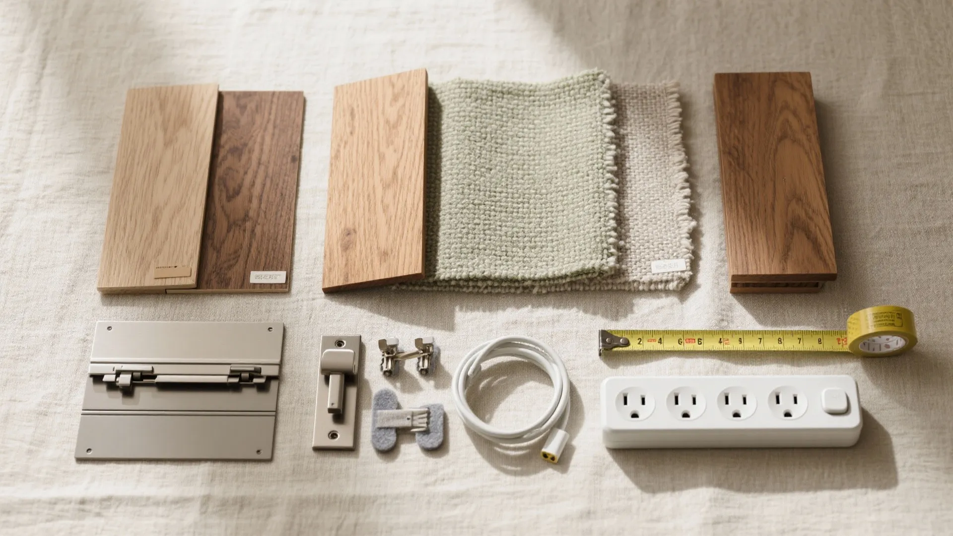 Flat lay of neutral wood, boucle fabric, matte metal, cable clips, felt glides, hinge hardware, and a tape measure.