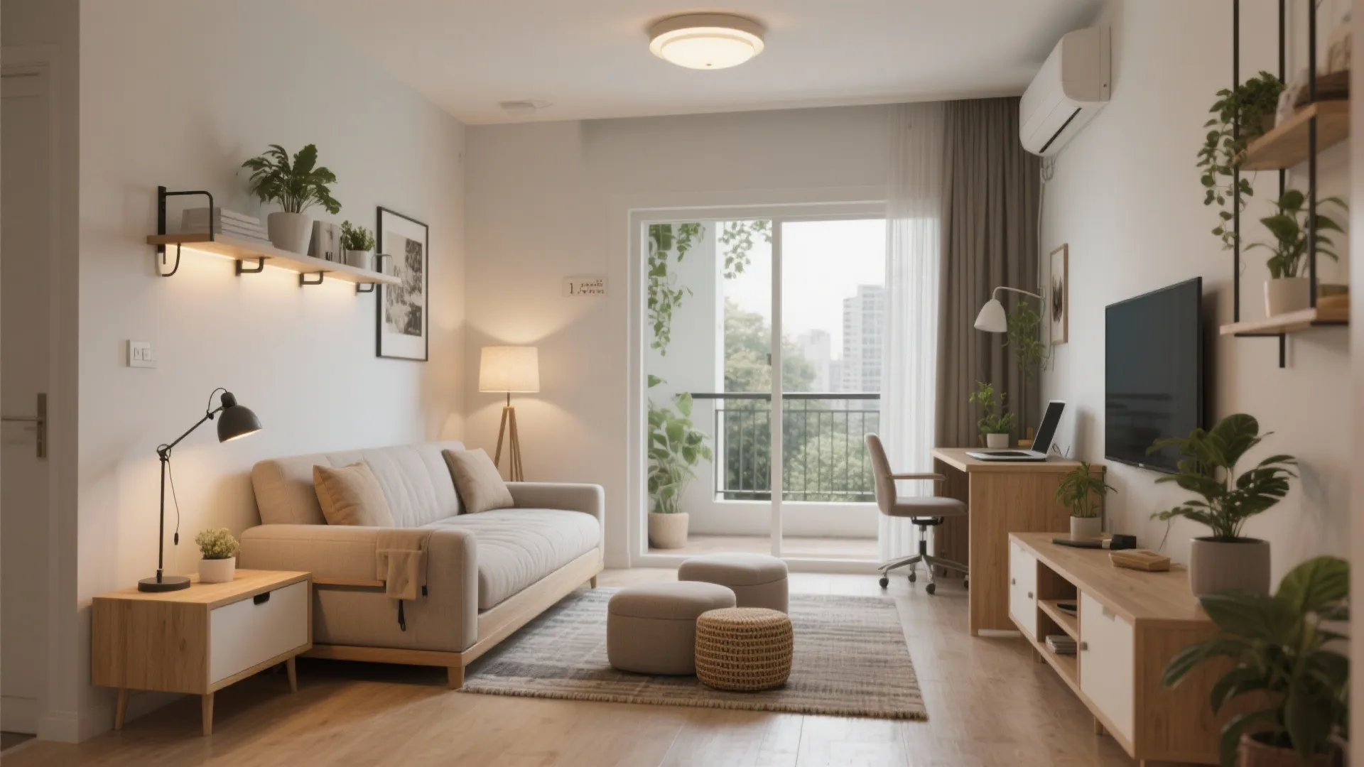 2) Multipurpose Living Room: Sofa-Bed + Fold-Down Table + Zoning