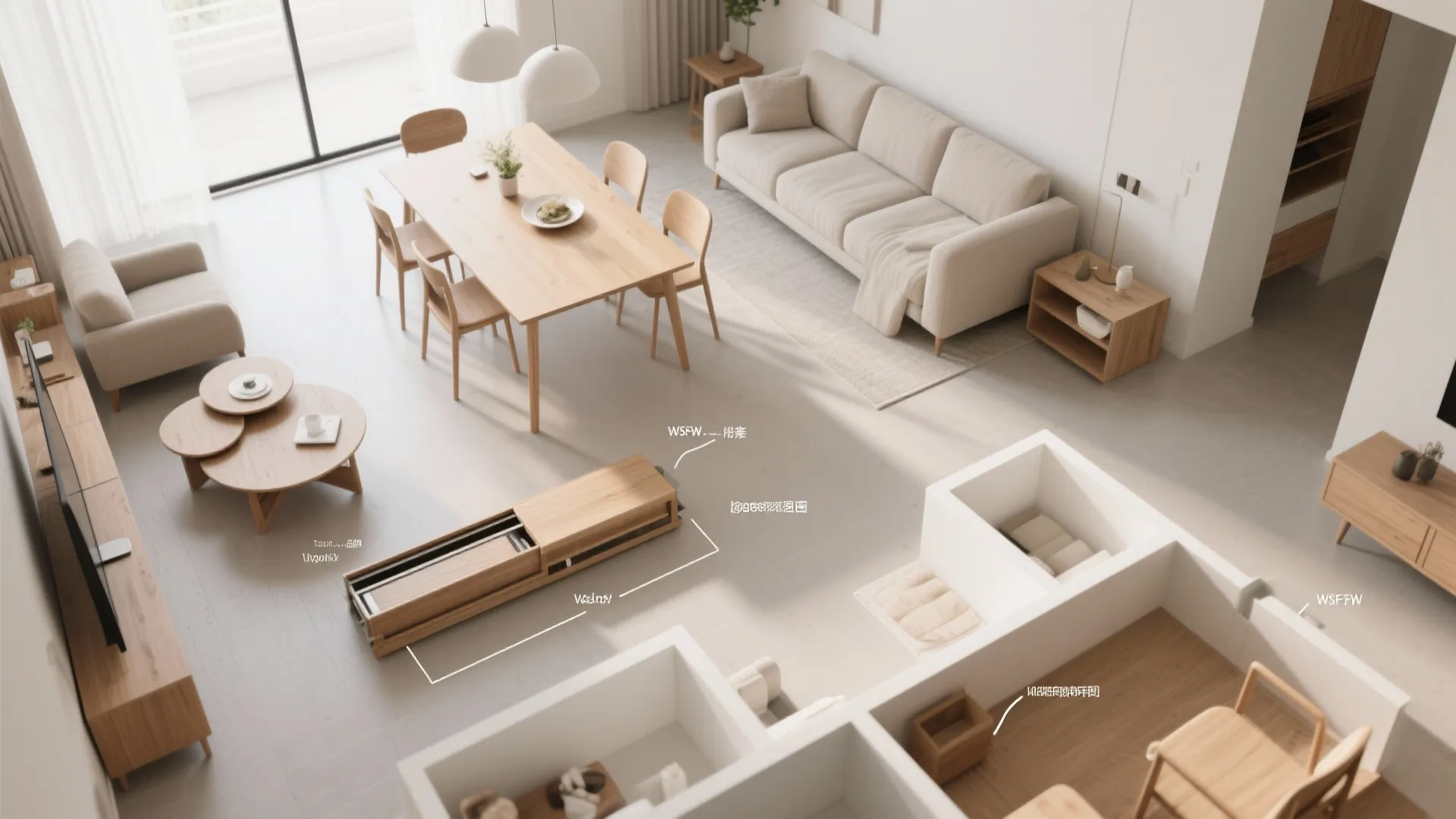Top view interior design drawing showing a living room and dining area with wooden furniture layout