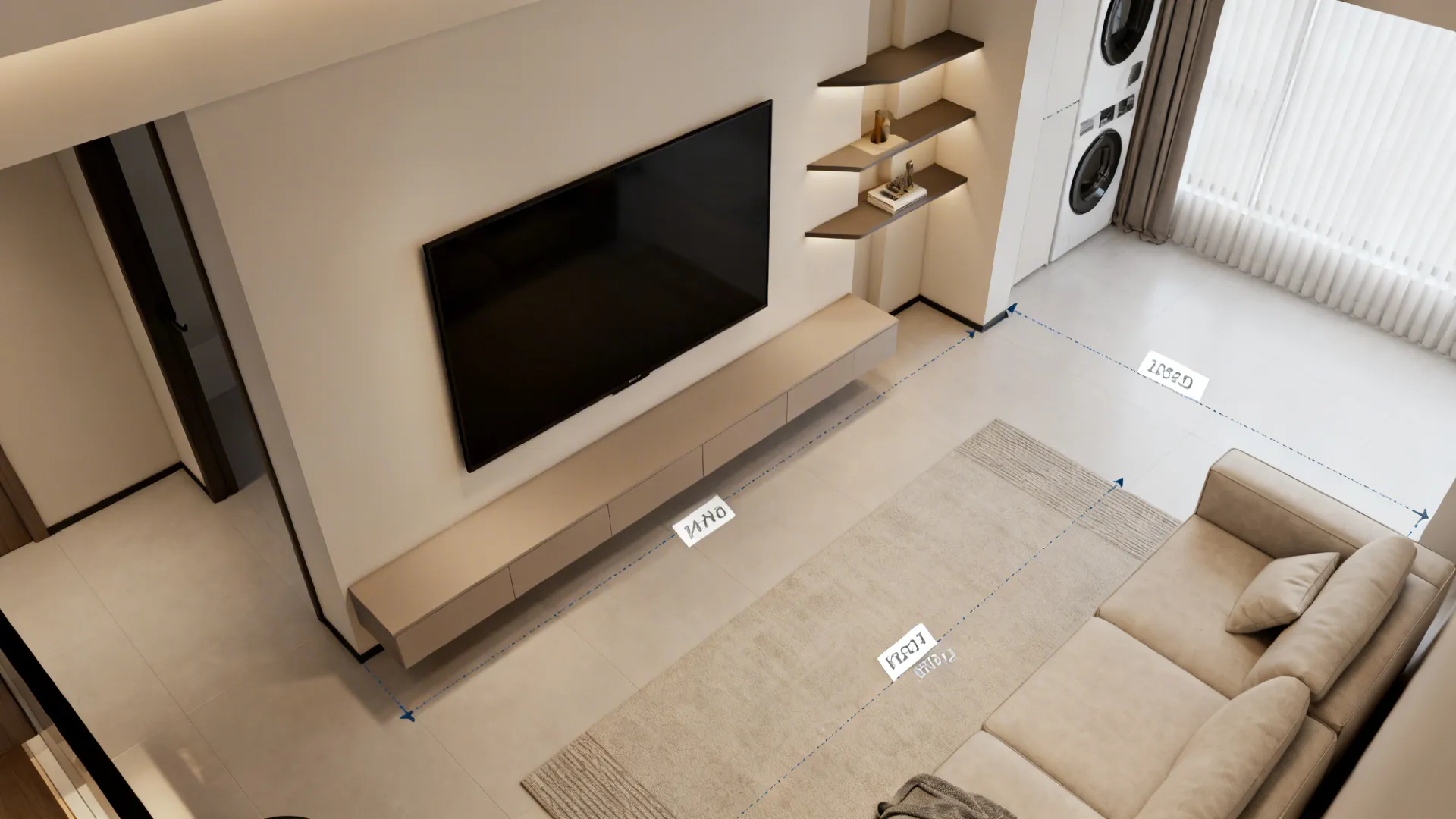 Top-down view showing TV wall, sofa, and clear circulation around a floating console.
