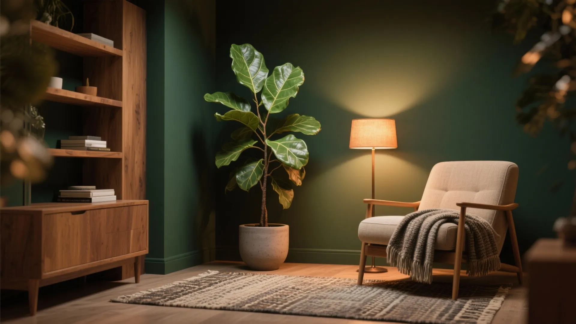 Cozy living room corner with green wall large plant floor lamp armchair and wooden cabinet