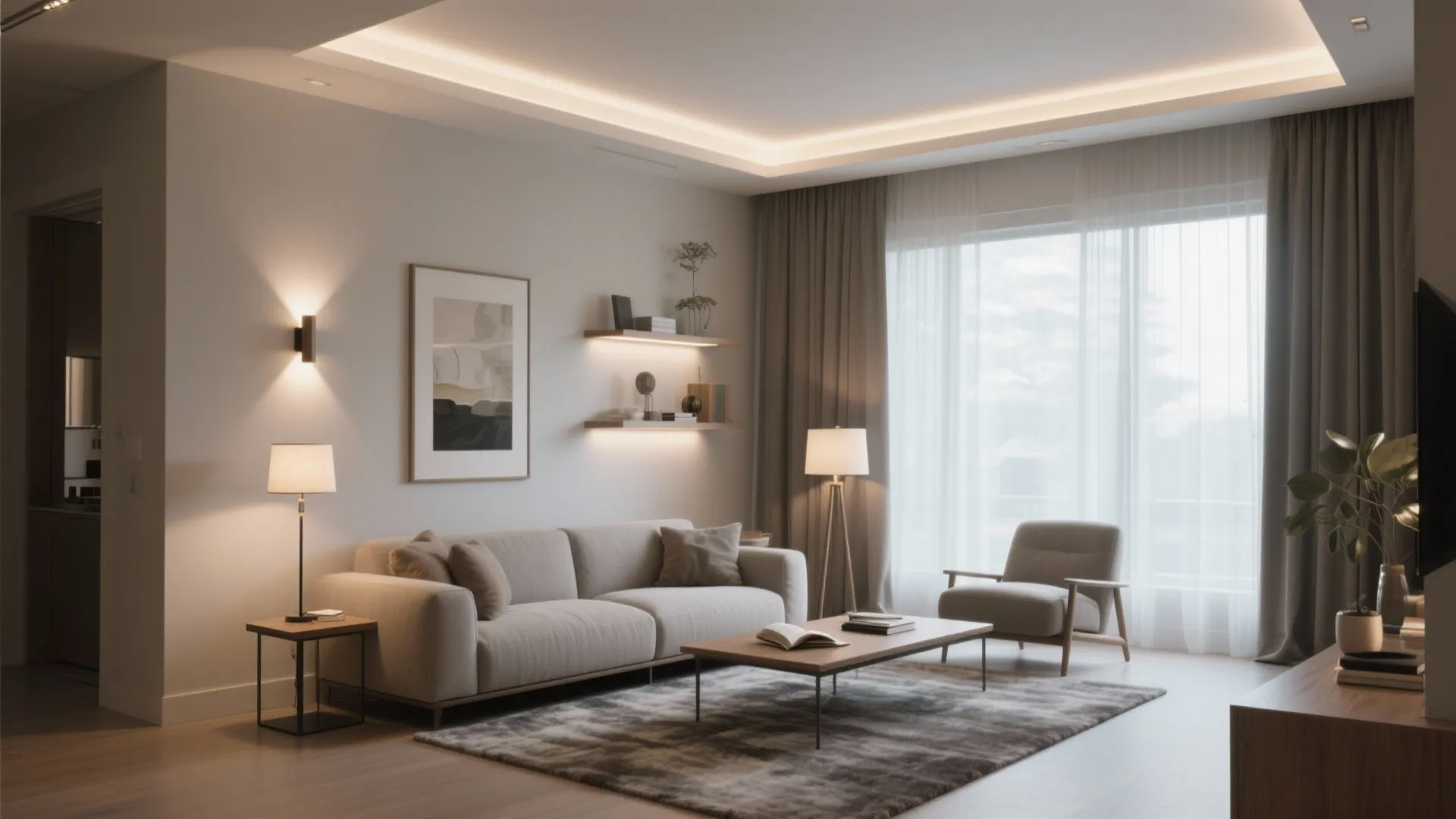 Modern living room with beige sofa coffee table grey rug floor lamp and warm ceiling light