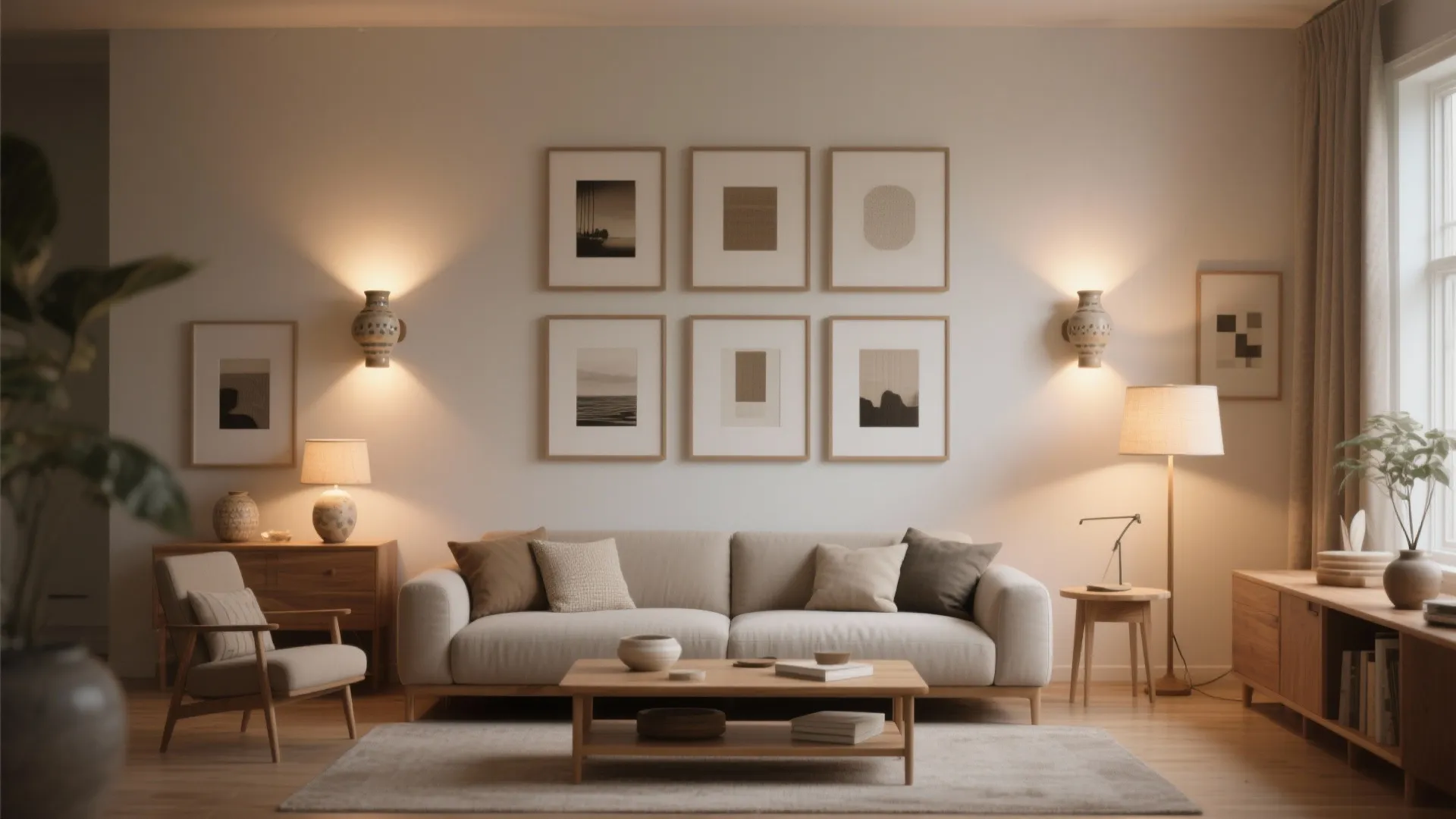 Living room gallery wall with ceramic sconces grazing artwork to add depth and warmth.