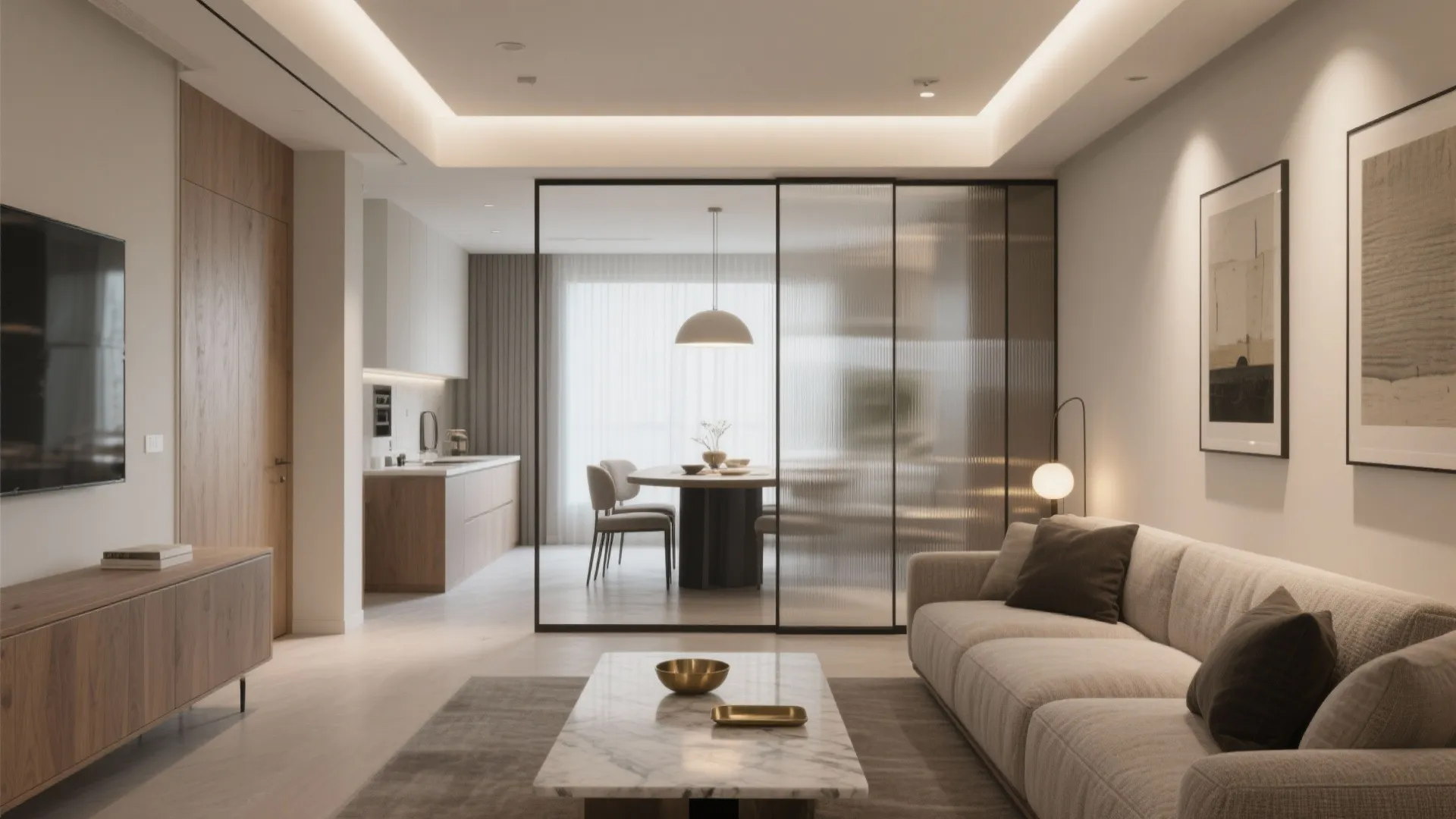 2) Seamless living-dining with glass partitions and layered light