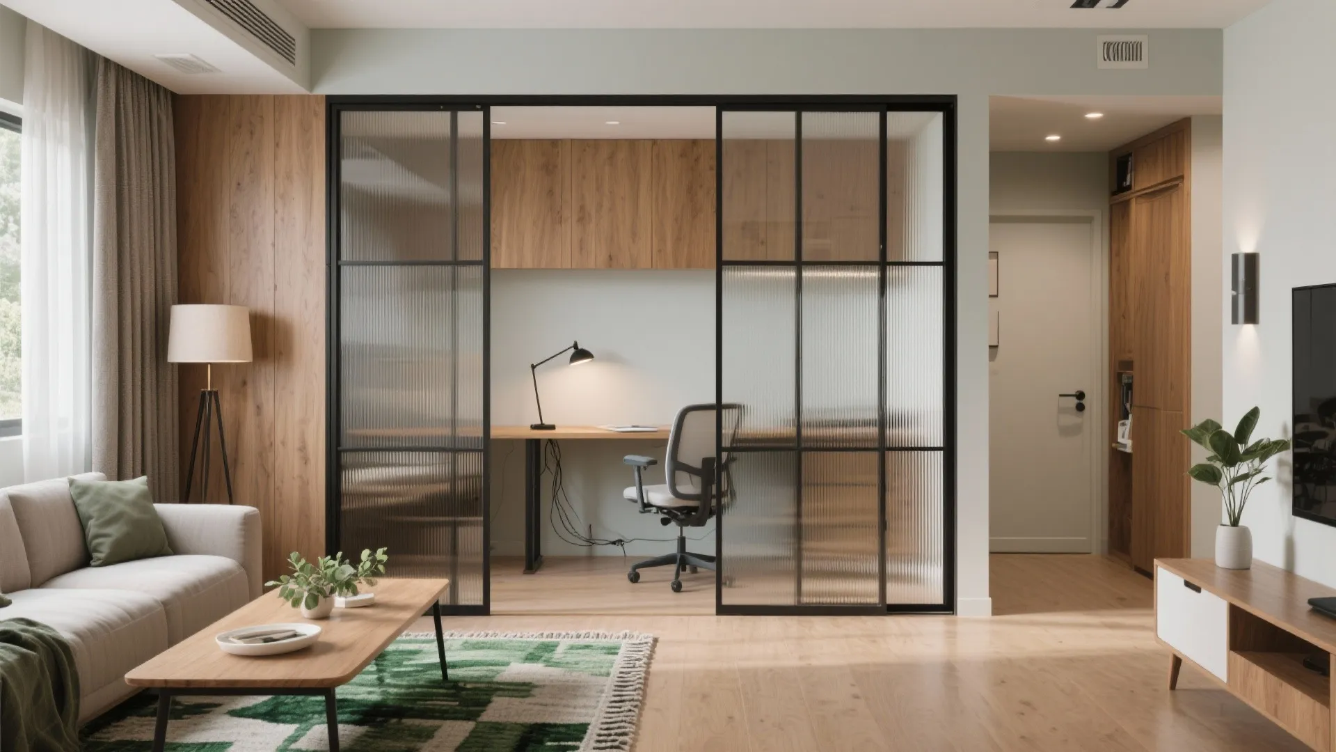 Flexible Living-Dining With a Sliding Glass Study Nook