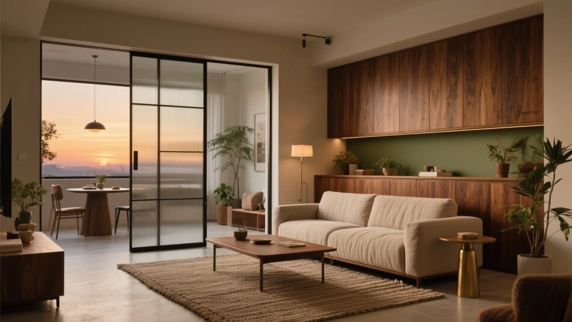 1) Warm Minimal Living-Dining with Sliding Glass Zoning