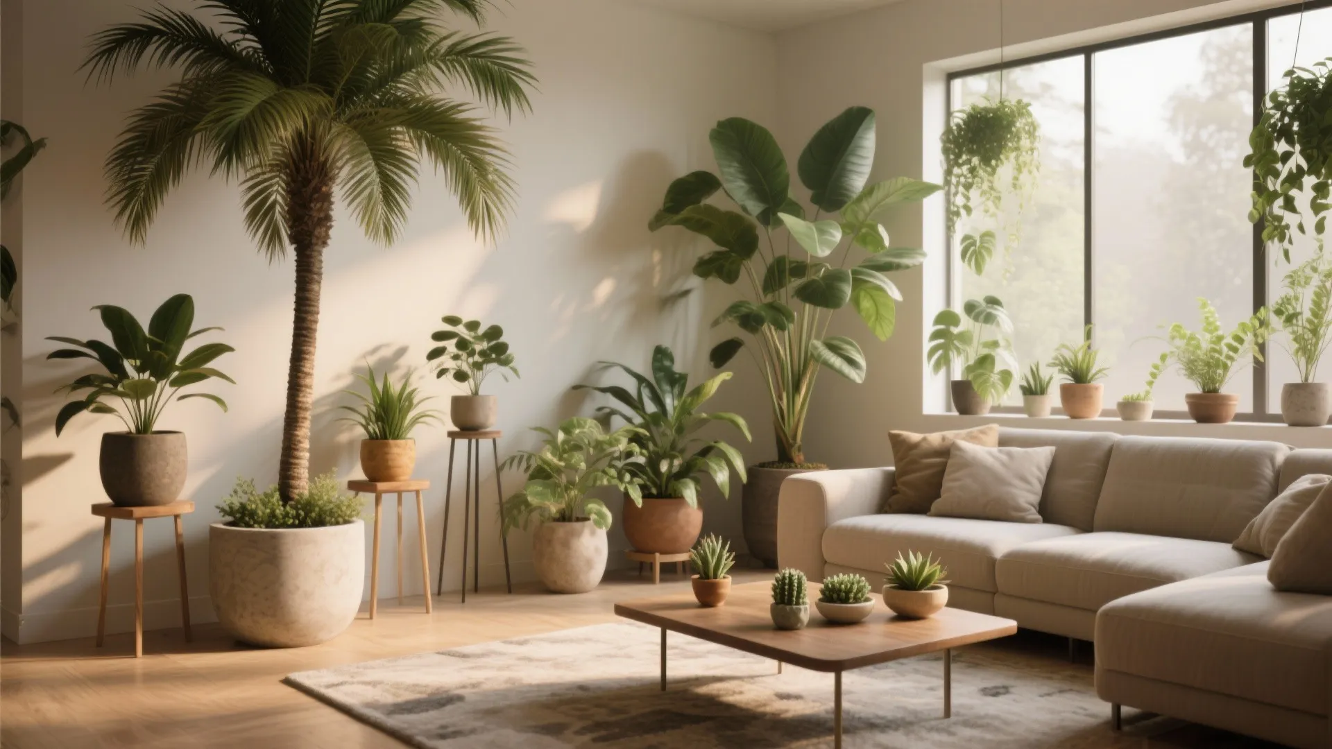Bright living room with many green potted plants beige sofa wooden coffee table and rug